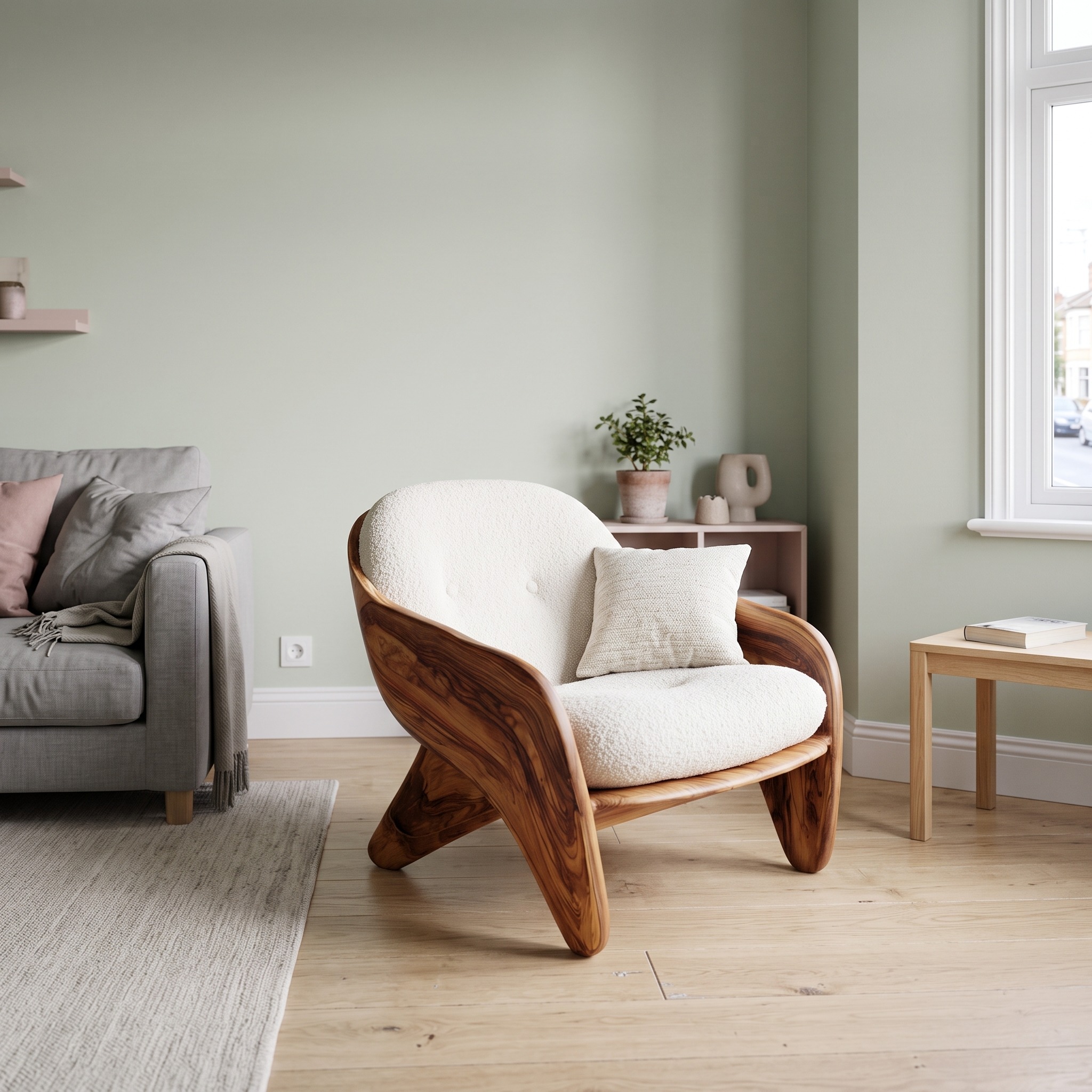 Modern Natural Wood Accent Chair, Minimalist Solid Wood Lounge Armchair for Bedroom Reading Corner, Model