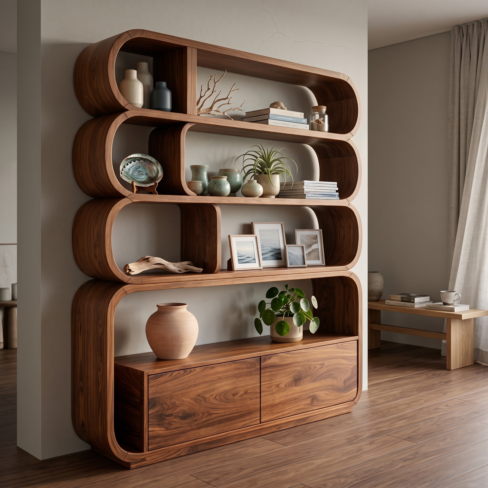 Modern Natural Wood Bookshelf with Curved Structure, Handcrafted Solid Wood Bookcase for Living Room & Office