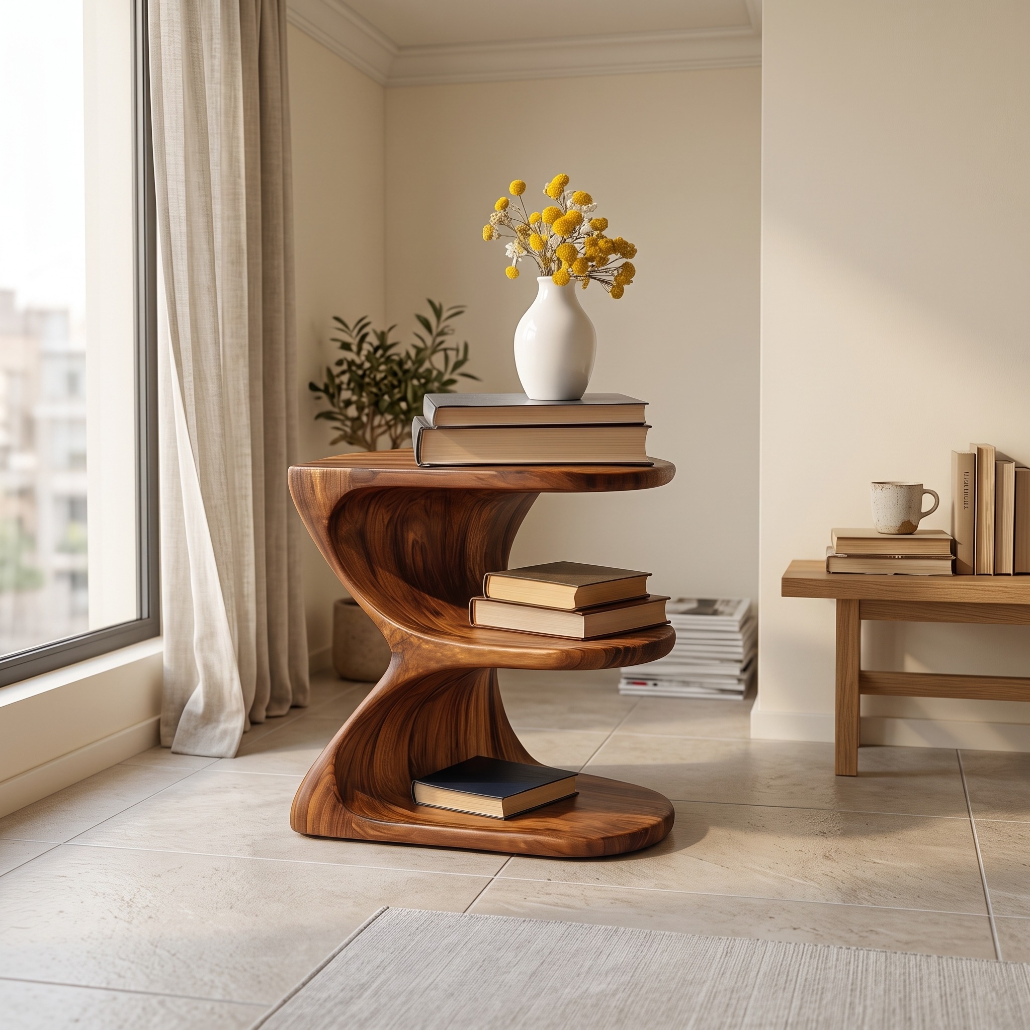 Modern Natural Wood Nightstand, Unique E-Shape Bedside Table with Open Shelves for Bedroom, Model