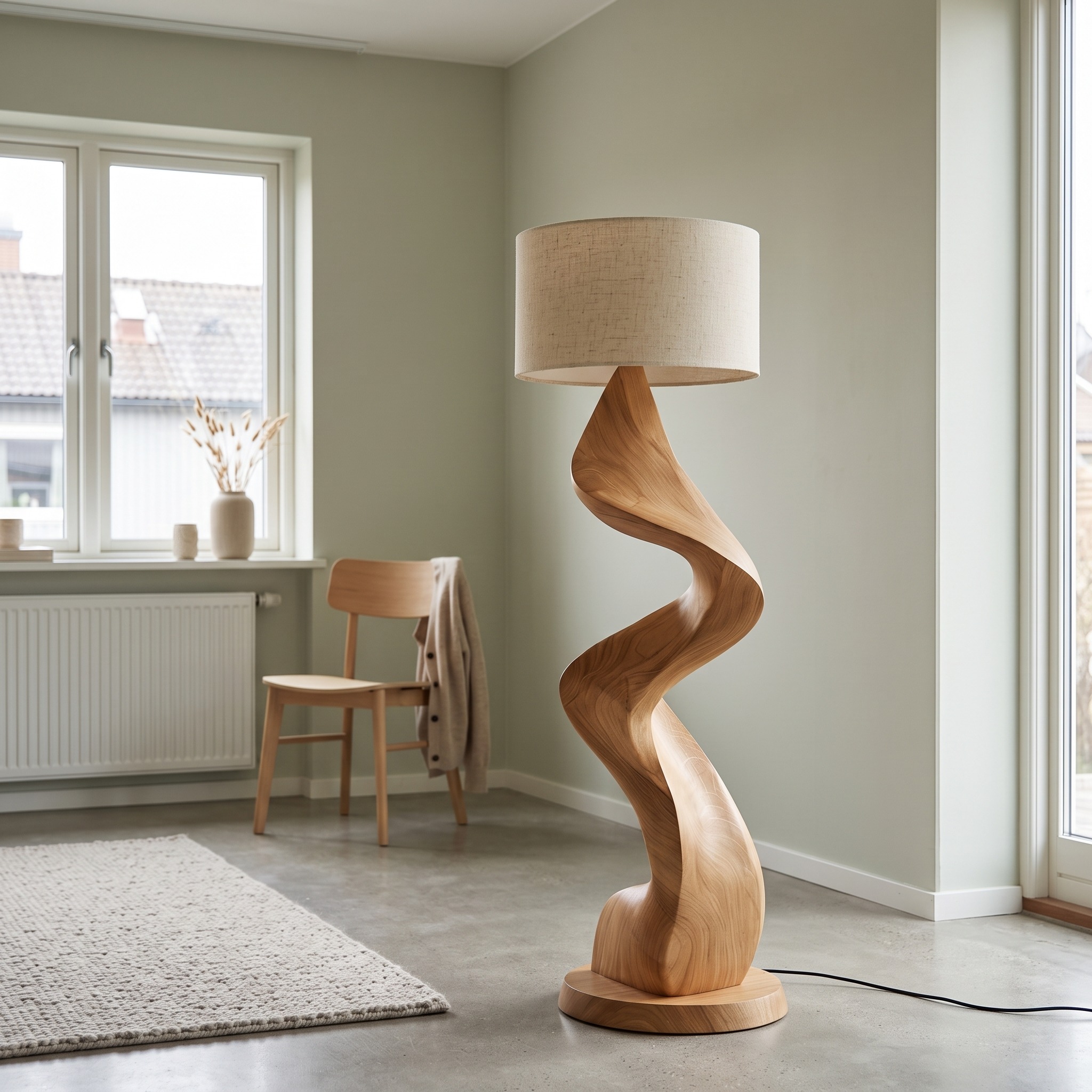 Modern Natural Wood Sculptural Floor Lamp, Artistic Handcrafted Tall Standing Accent Light for Living Room, Model