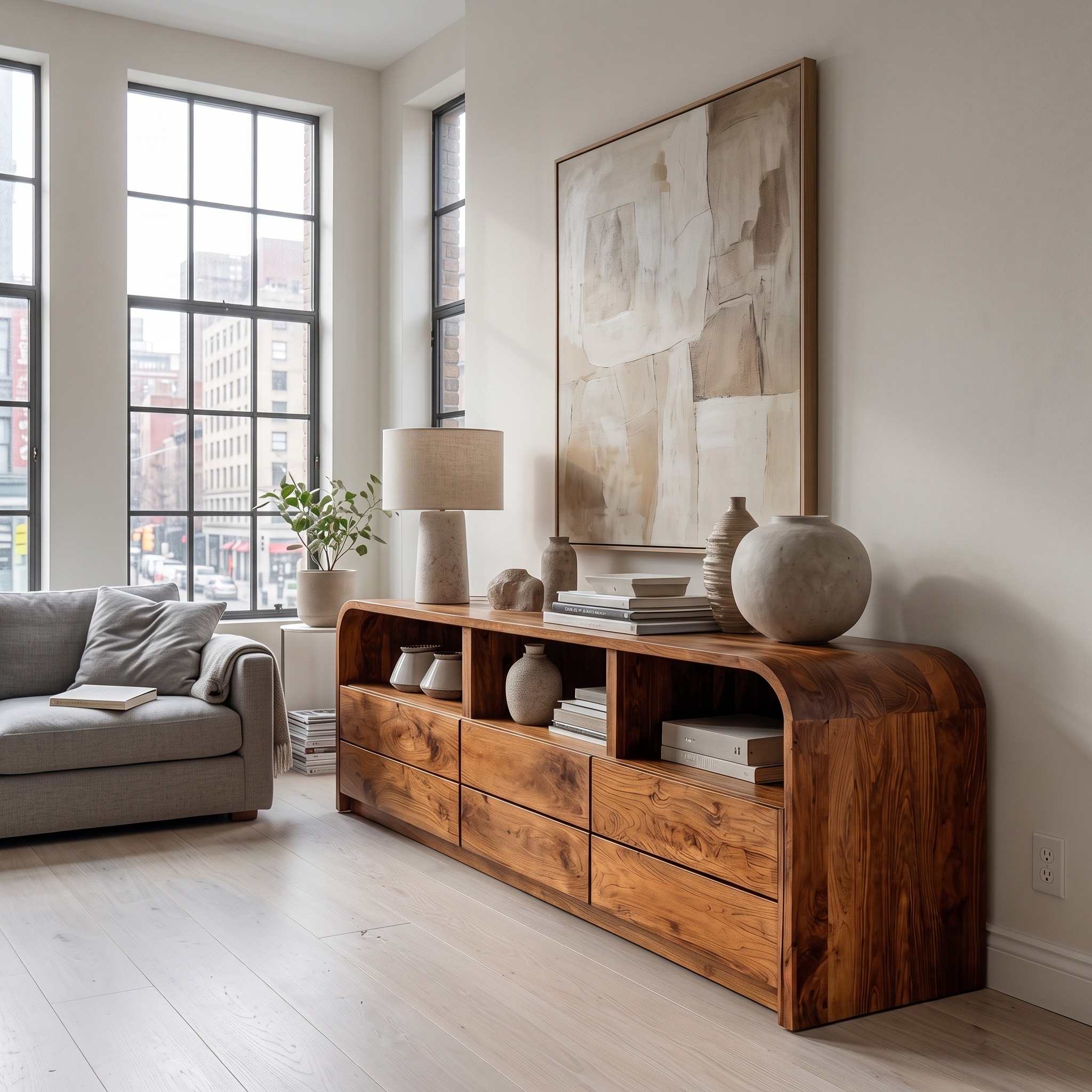 Modern Natural Wood Sideboard with Open Shelf, Handcrafted Solid Wood Credenza Cabinet for Living Room, Model