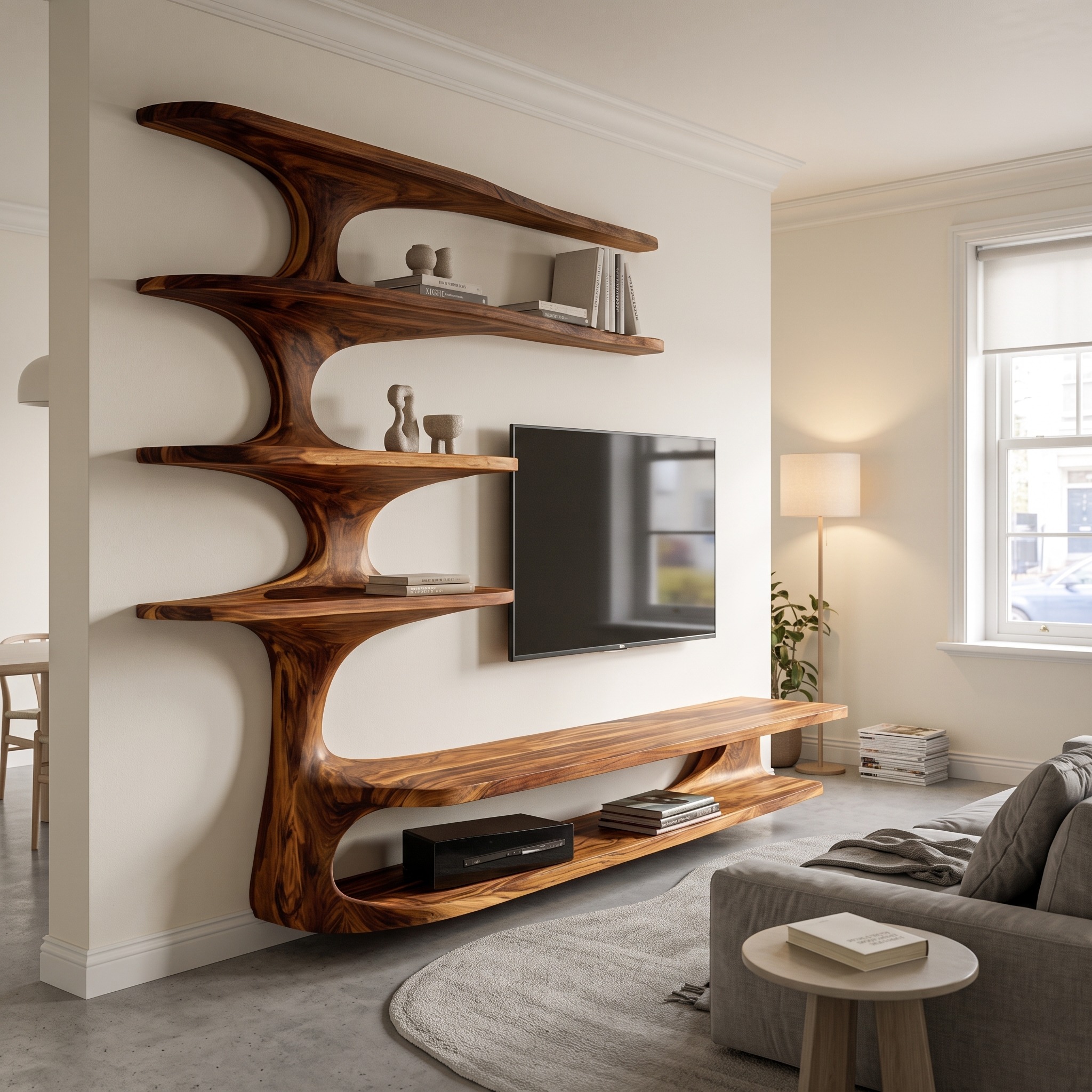 Modern Natural Wood TV Console with Open Component Shelving, Timber Media Center Storage for Living Room
