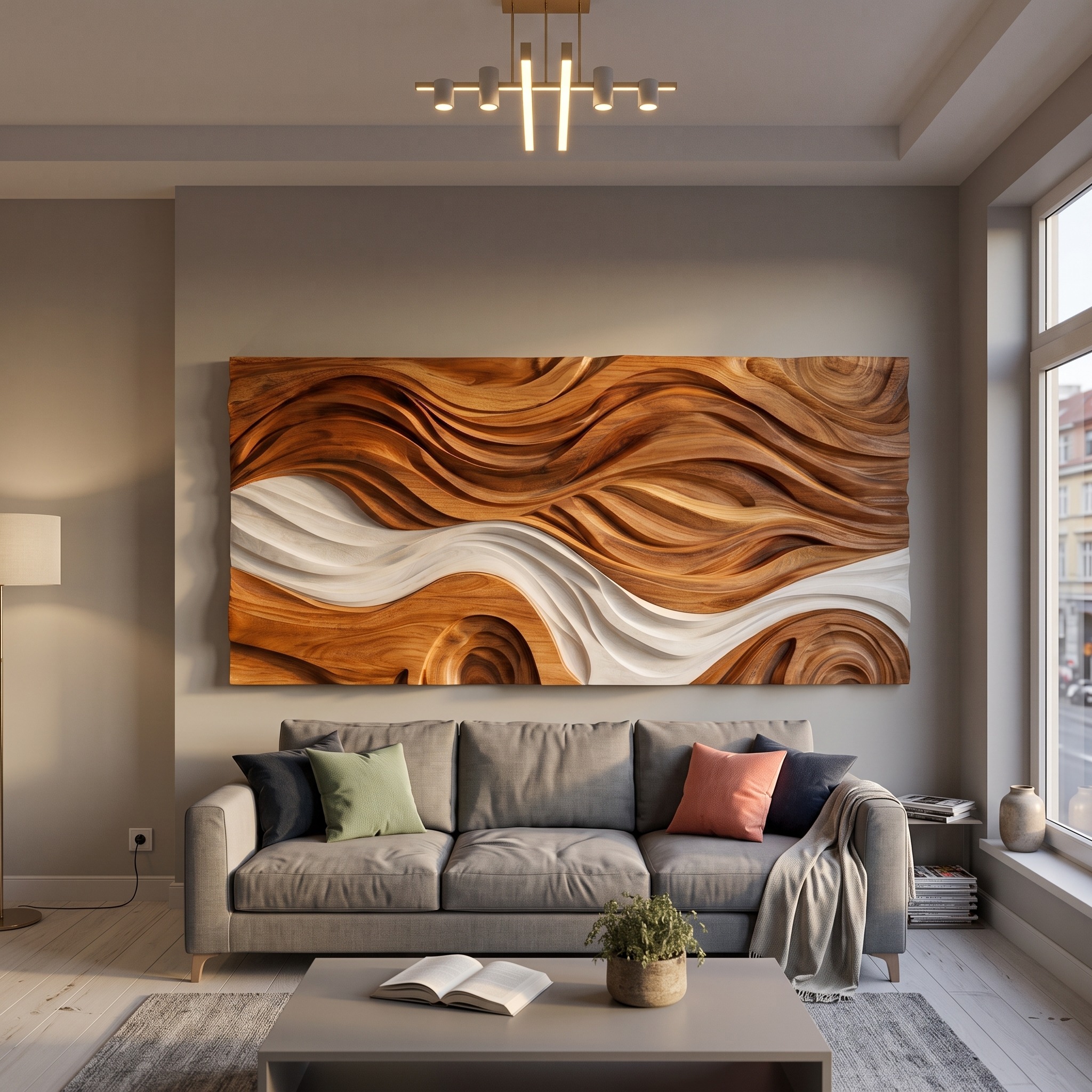 Modern Natural Wood Wall Art, Sculptural Wave Design 3D Hand-Carved Wood Sculpture Panel for Living Room