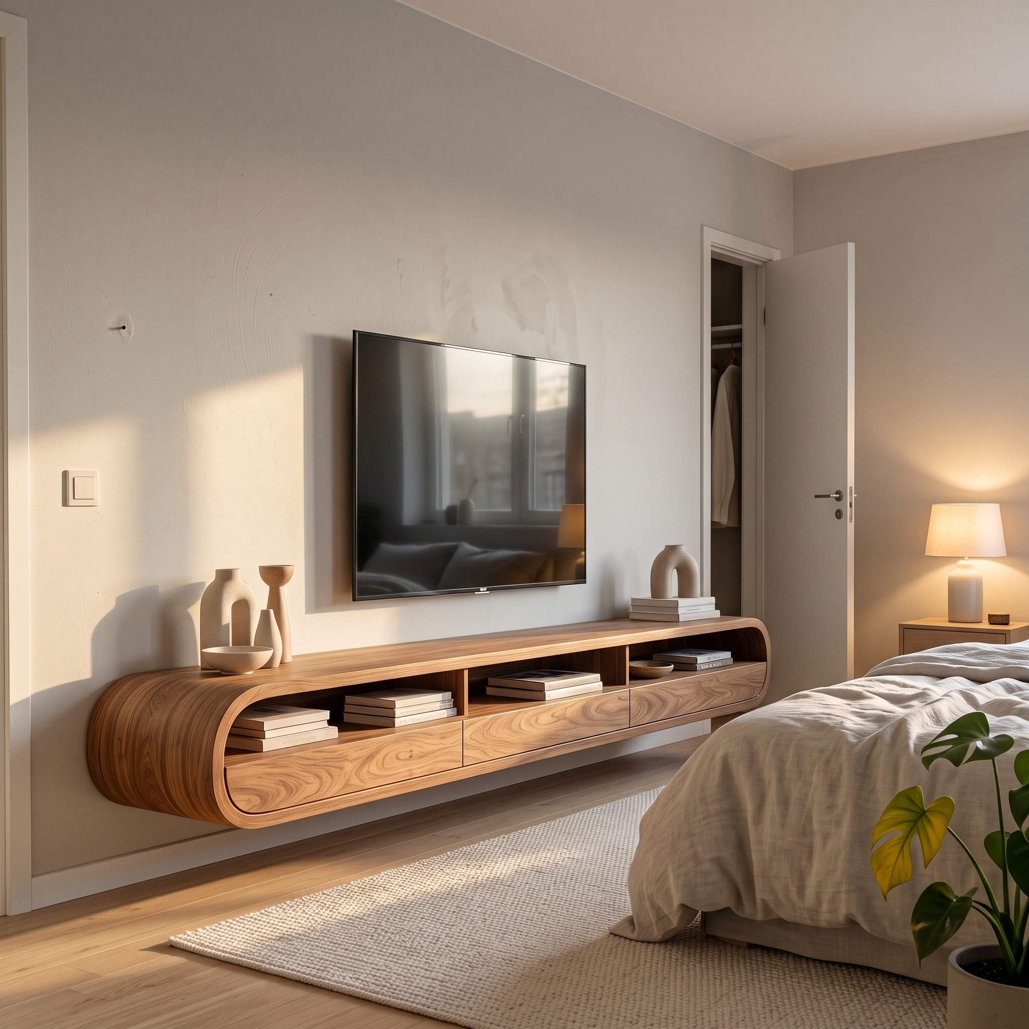 Modern Natural Wood Wall Mounted TV Cabinet for Living Room
