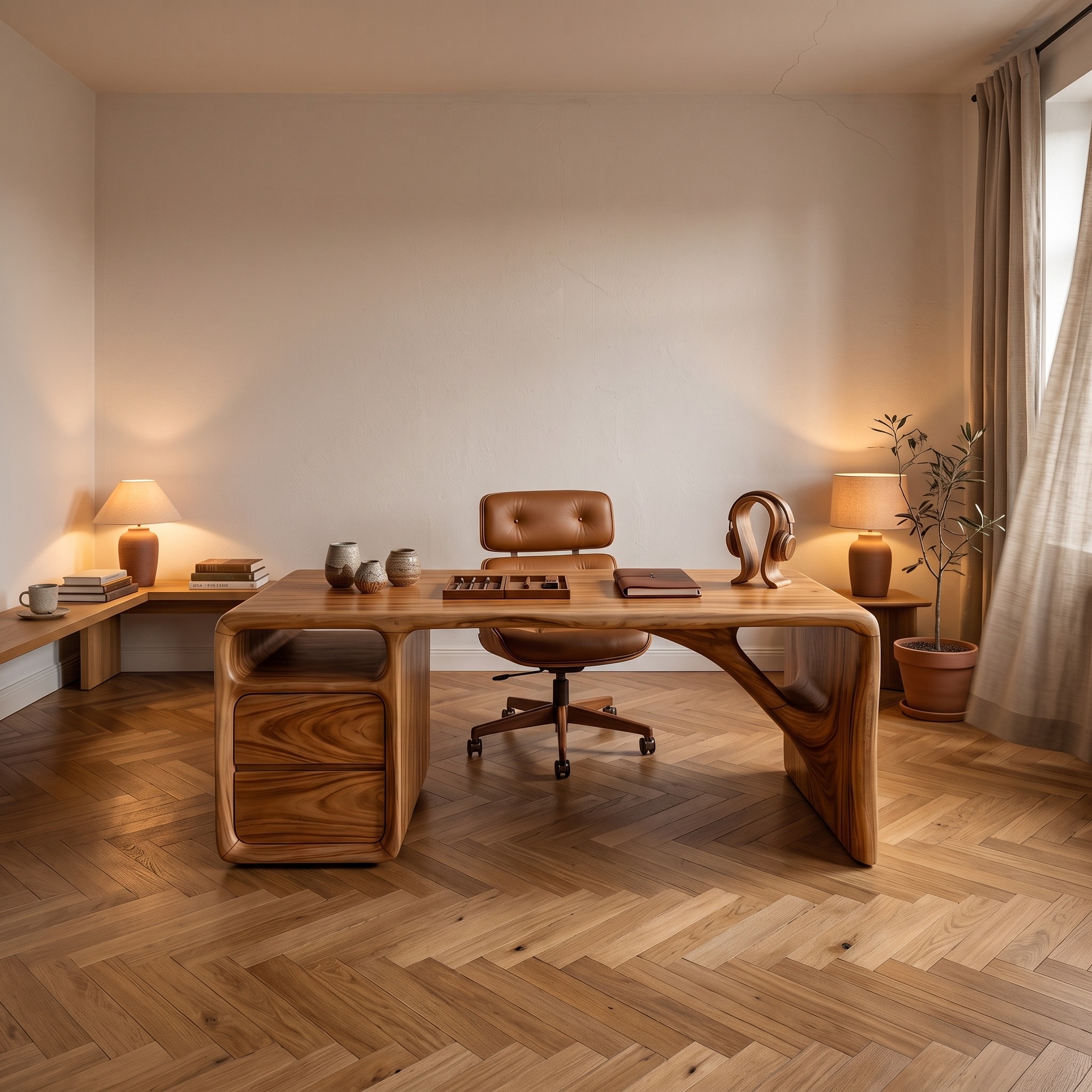Modern Office Desk with Sculptural Base, Artistic Wooden Writing Table for Living Workspace