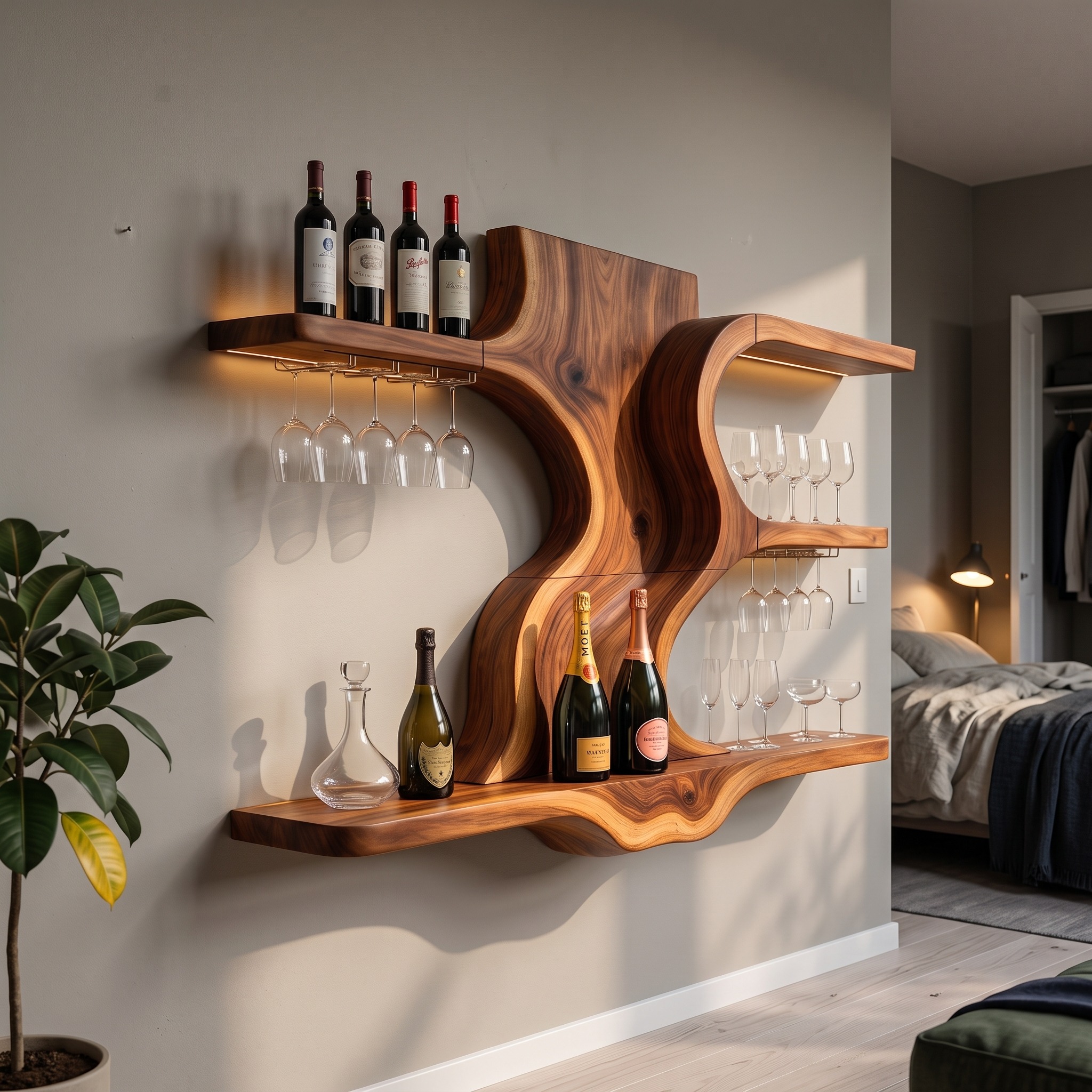 Modern Open Shelf Wood Wine Rack, Free Standing Bottle Storage & Display Unit for Bar & Entertaining Area