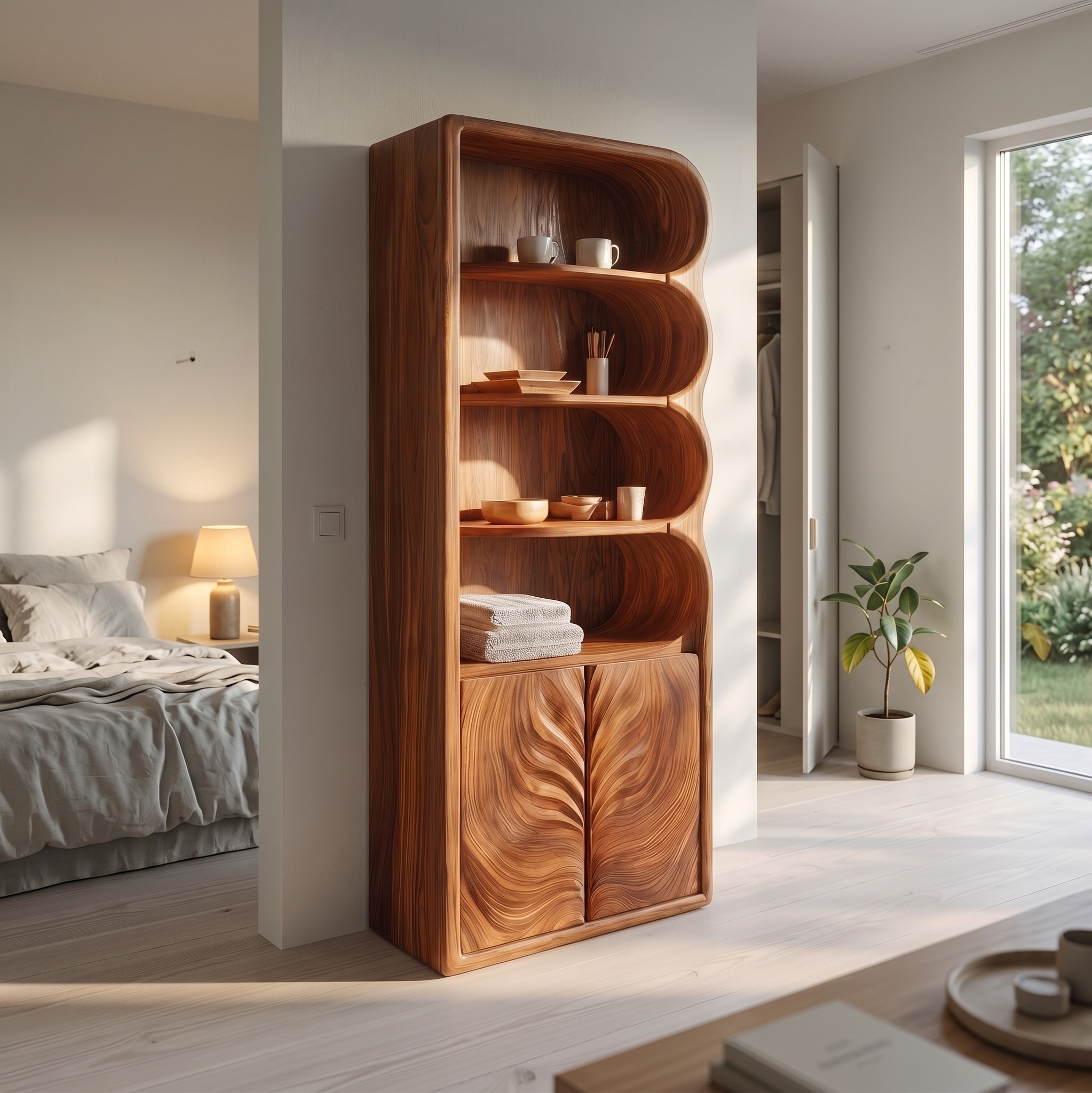 Modern Organic Bathroom Cabinet, Curved Shelves & Carved Wooden Doors Standing Storage Unit