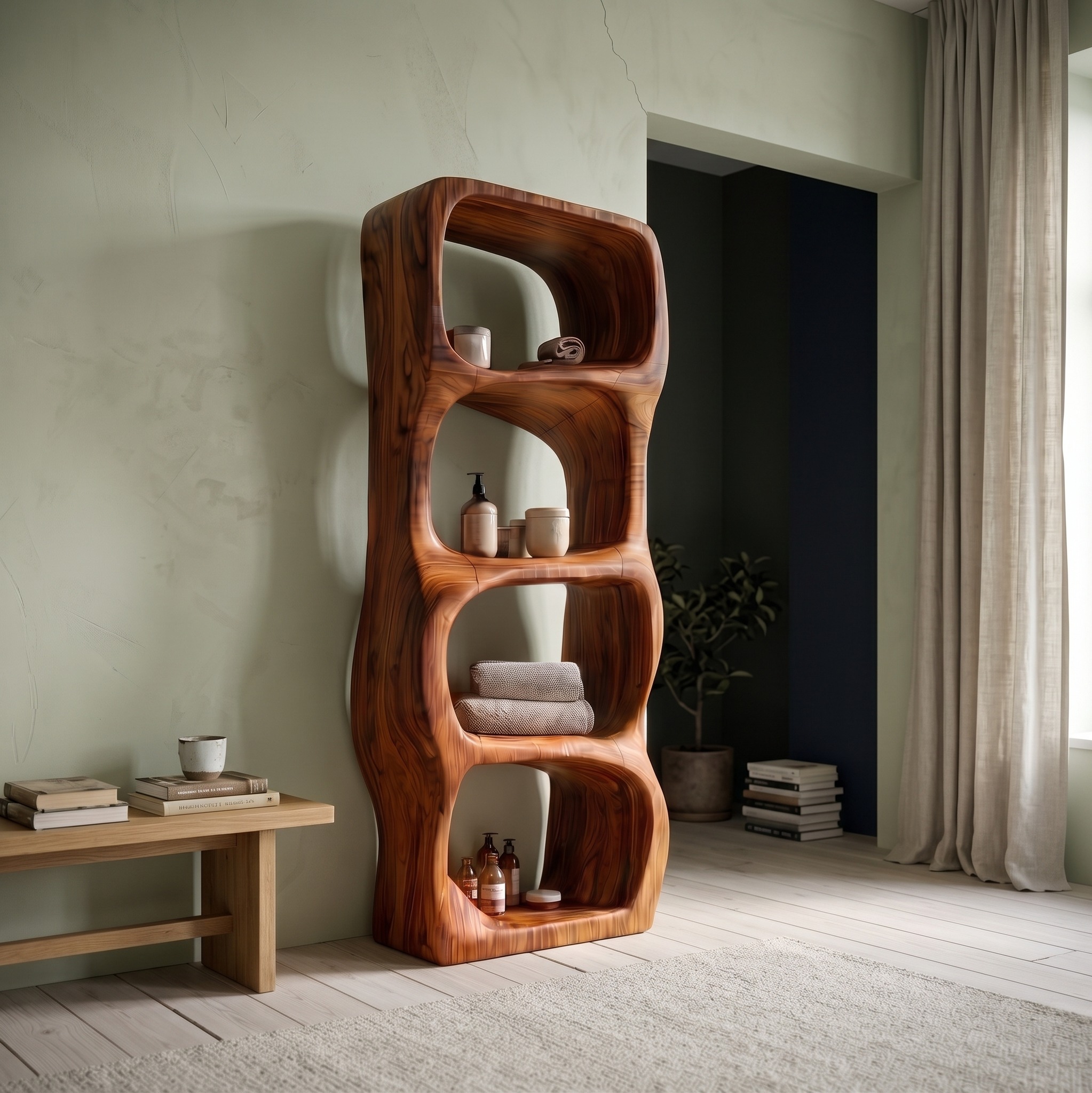 Modern Organic Bathroom Cabinet, Rounded Sculptural Shelves & Open Storage Standing Wood Cabinet