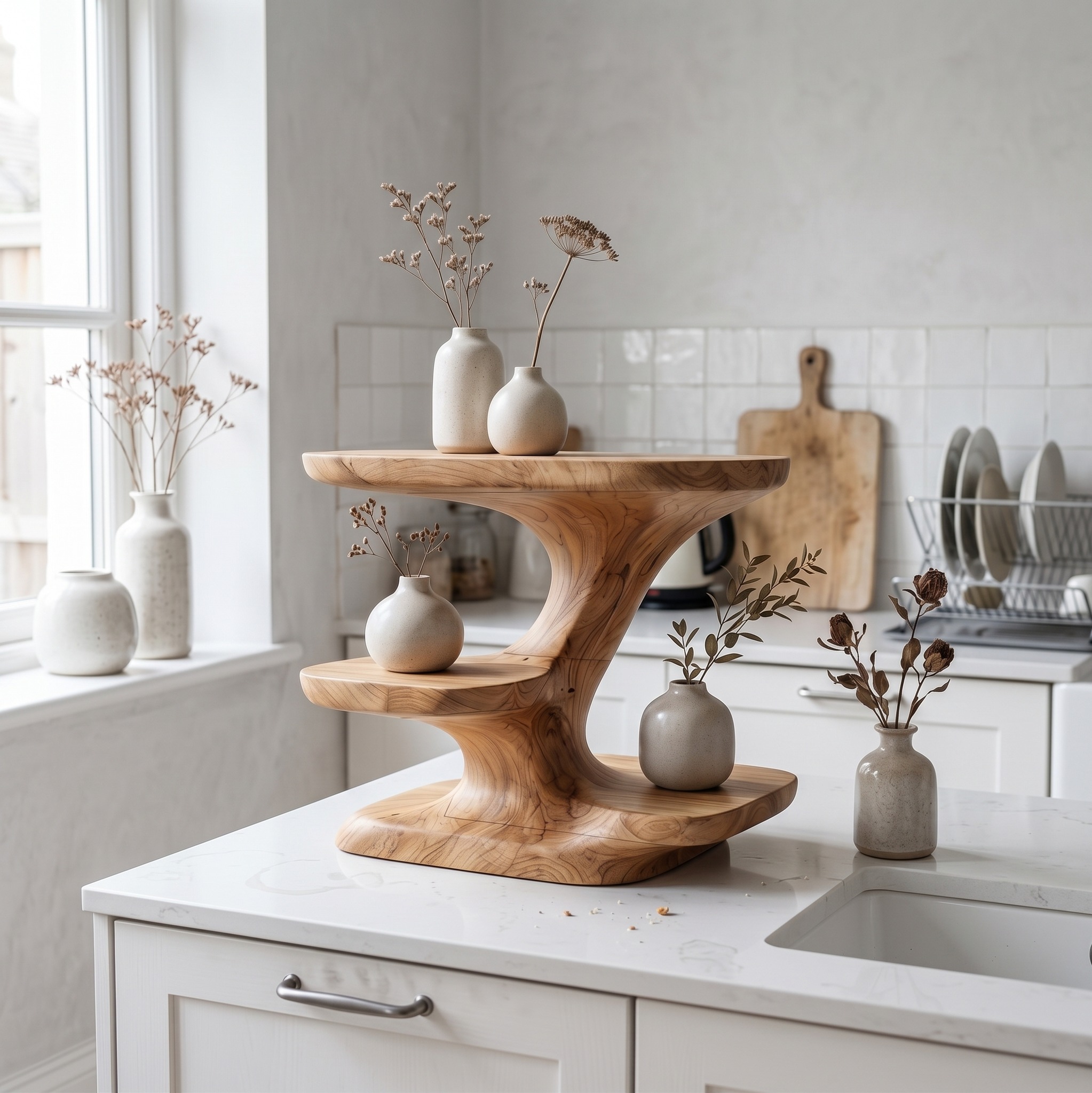 Modern Organic Bathroom Vanity Organizer, Tiered Wood Countertop Storage Shelves