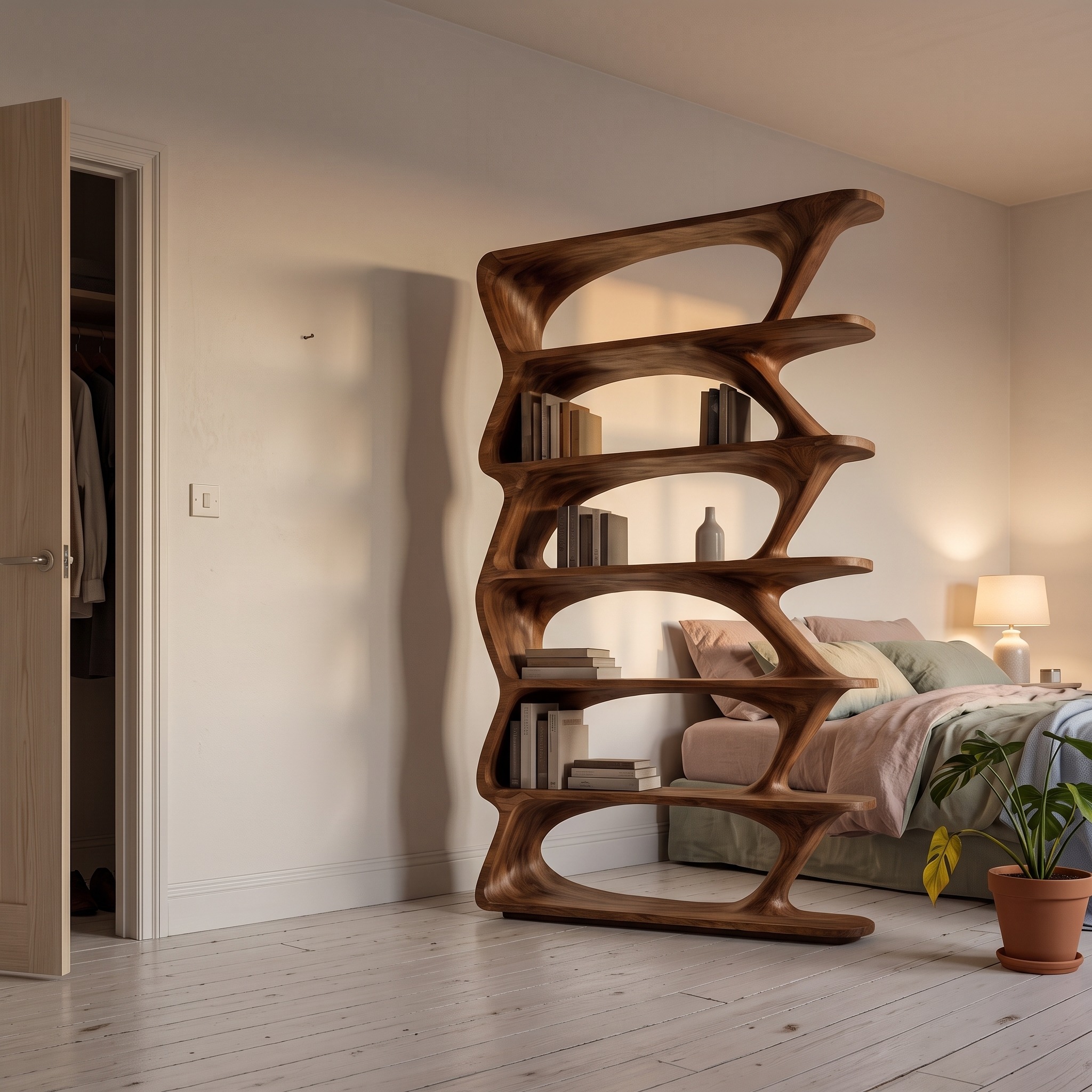 Modern Organic Bookshelf, Sculptural Asymmetrical Solid Wood Bookcase Display for Living Room