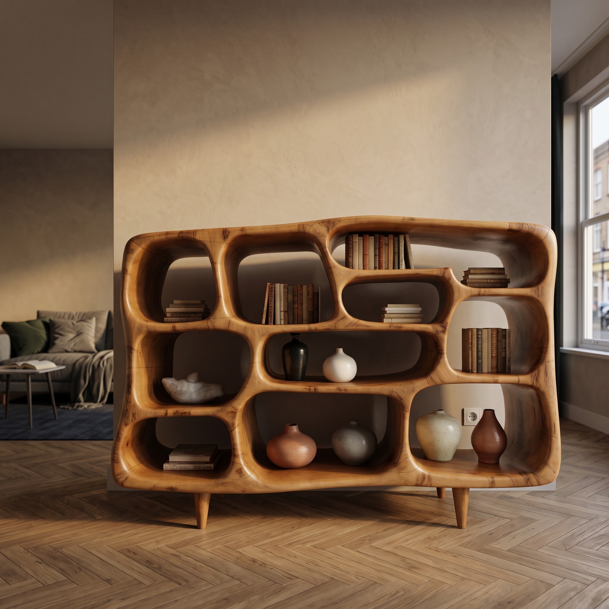 Modern Organic Bookshelf with Open Shelves for Living Room or Office