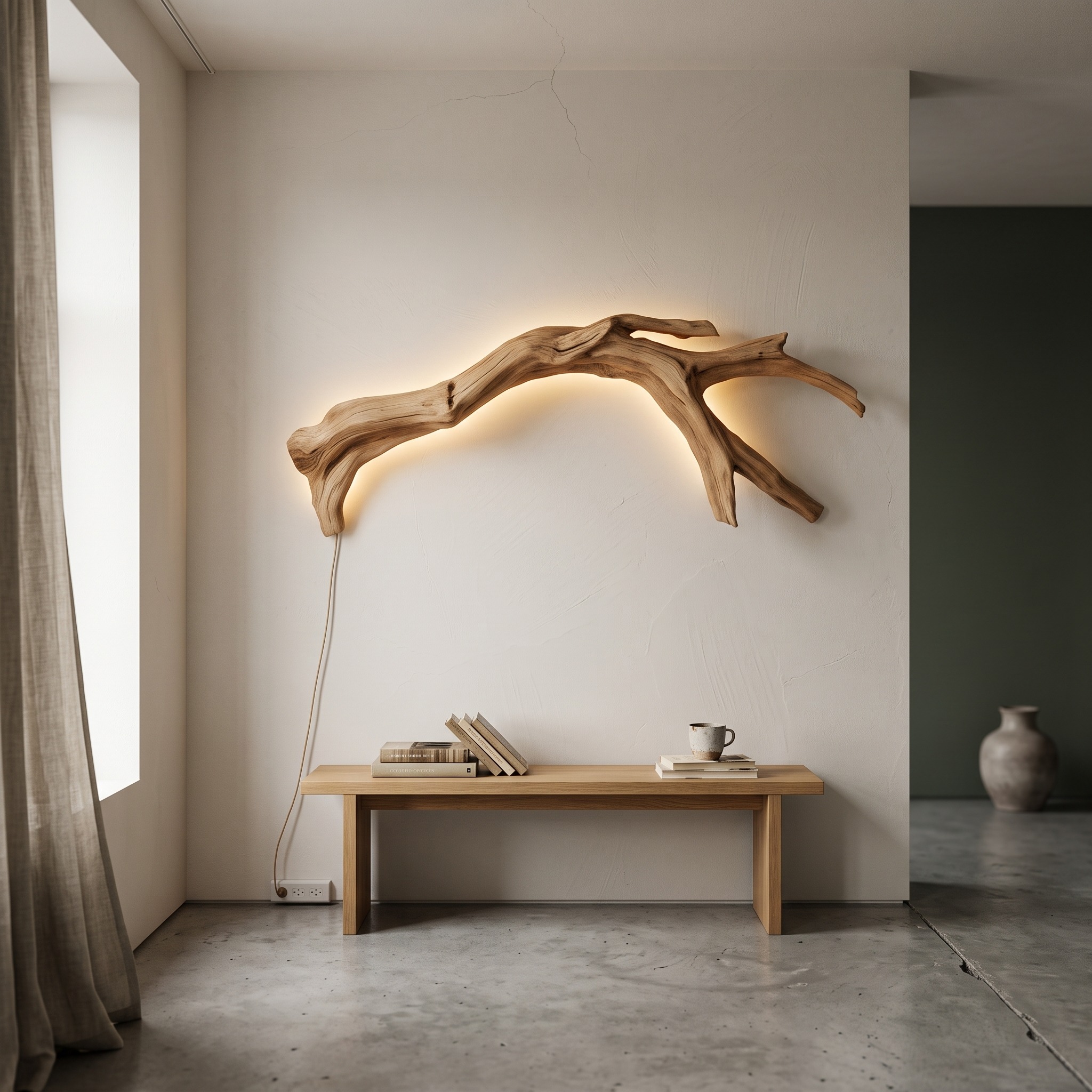 Modern Organic Branch LED Wall Lamp, Handcrafted Wooden Tree Branch Sconce Hanging Nightlight for Bedroom & Foyer