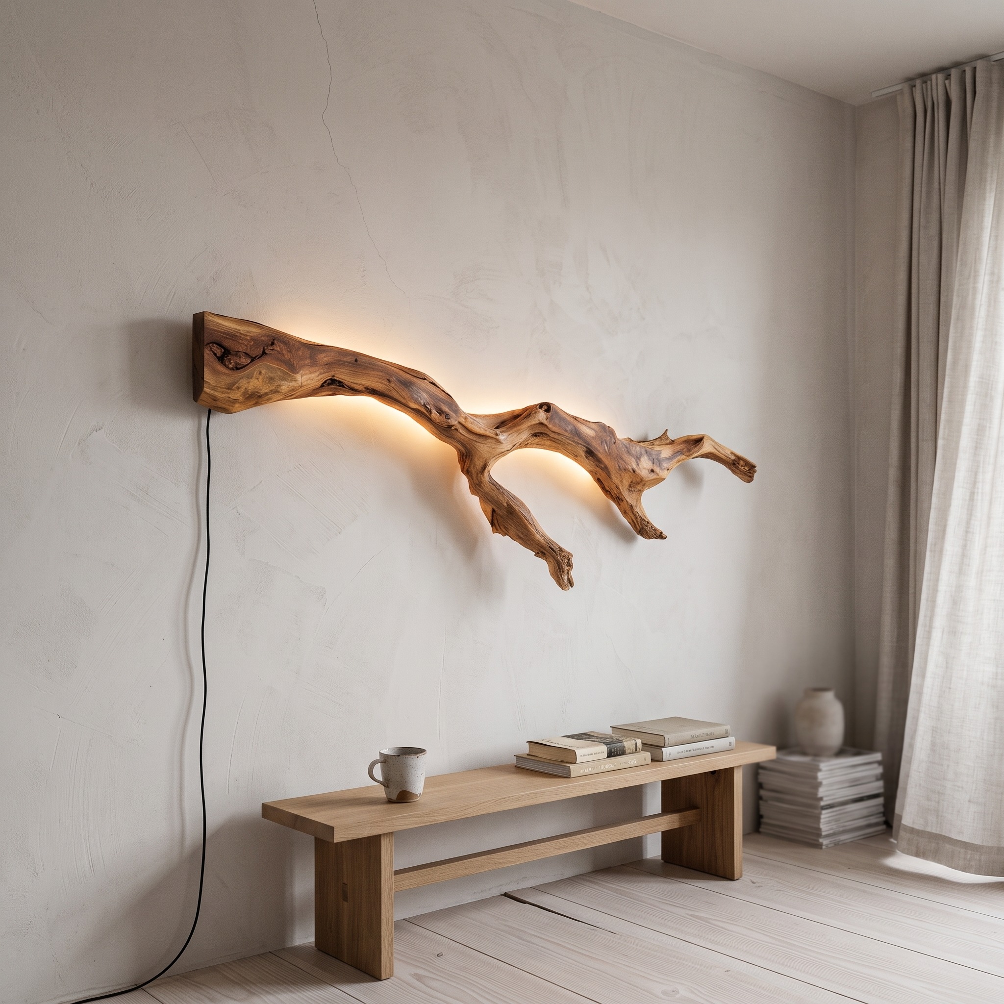 Modern Organic Branch Wall Light, Handcrafted Wooden Sconce LED Tree Branch Accent Lamp for Bedroom & Hallway Decor