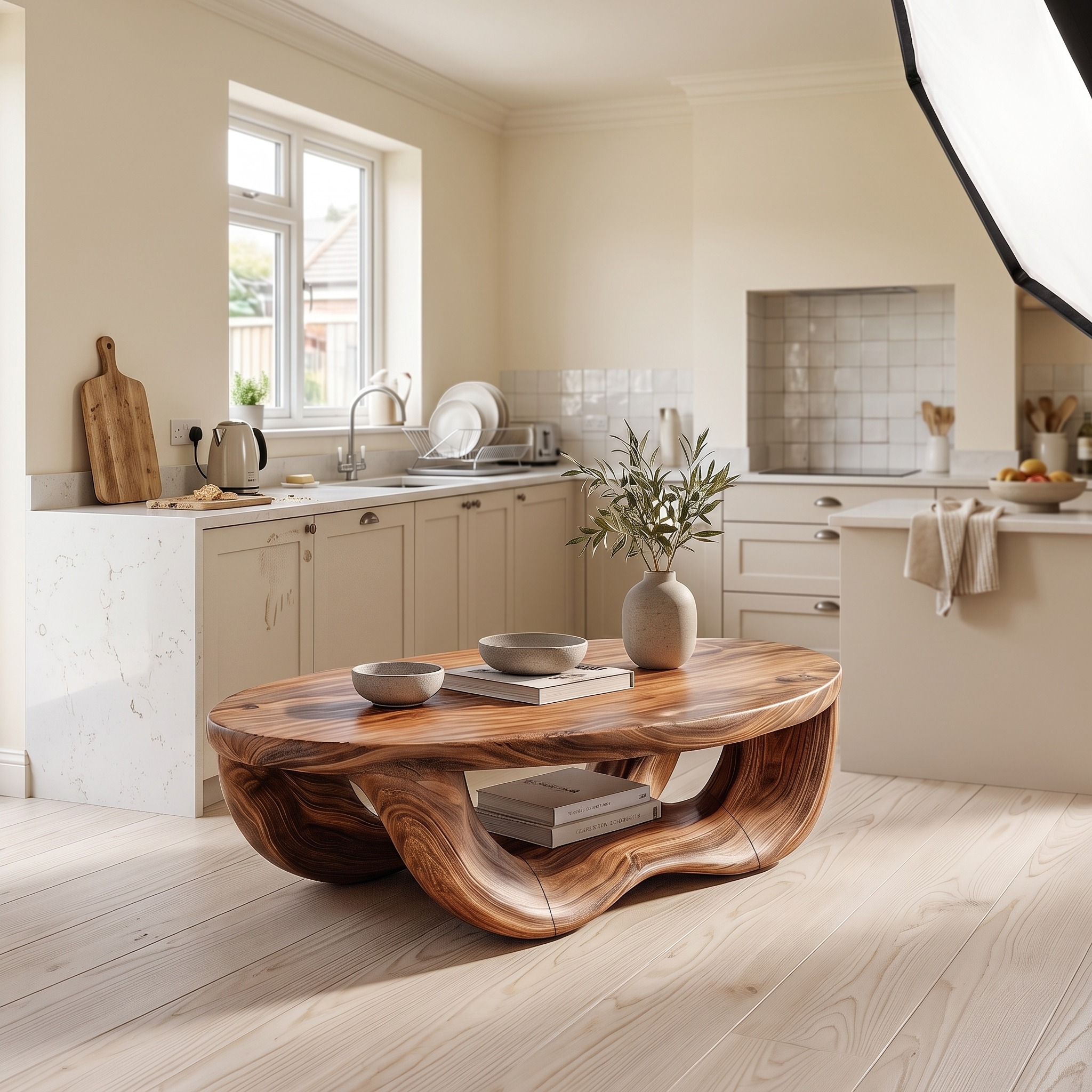 Modern Organic Coffee Table, Handcrafted Curved Solid Wood Center Table for Contemporary Living Room and Lounge