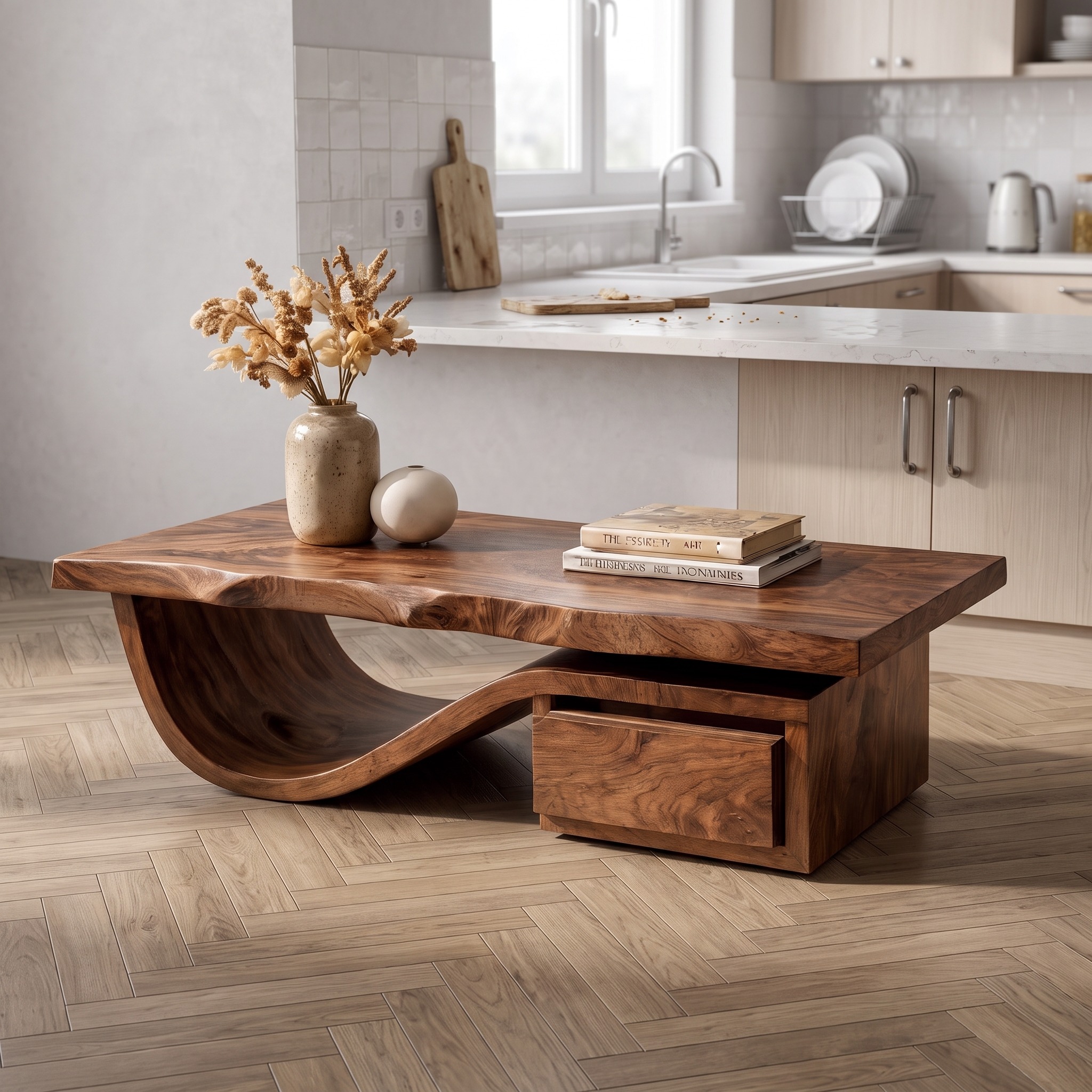 Modern Organic Coffee Table with Storage, Solid Wood Center Table & Living Room Accent Furniture