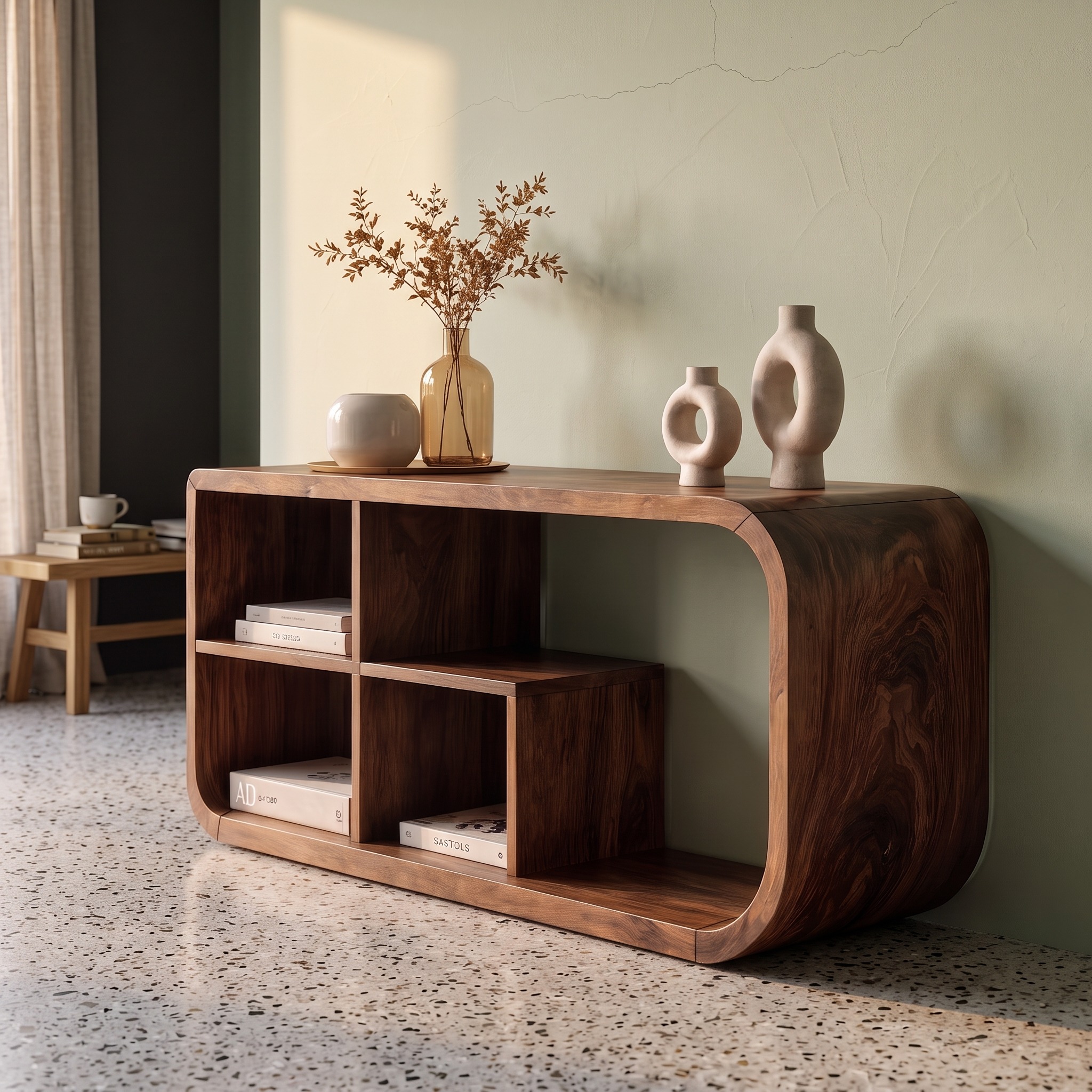 Modern Organic Console Table Sculptural Curved Design Open Storage for Entryway Living Room