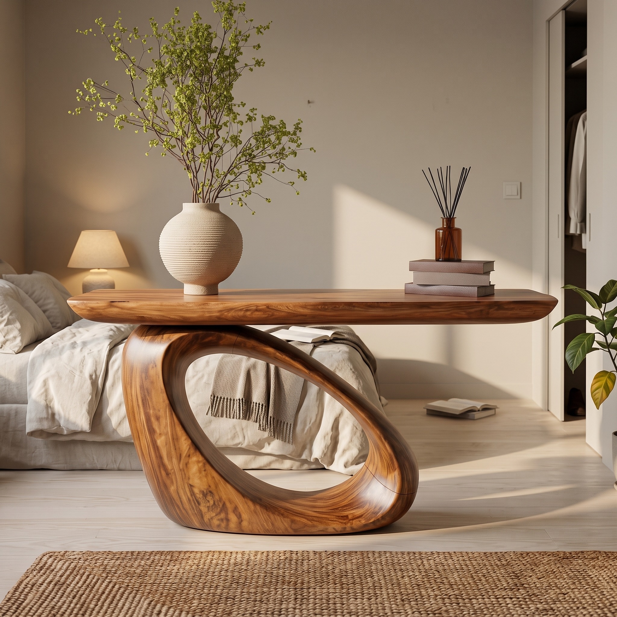 Modern Organic Console Table, Sculptural Loop Pedestal Solid Wood Sofa Entryway Table for Hallway