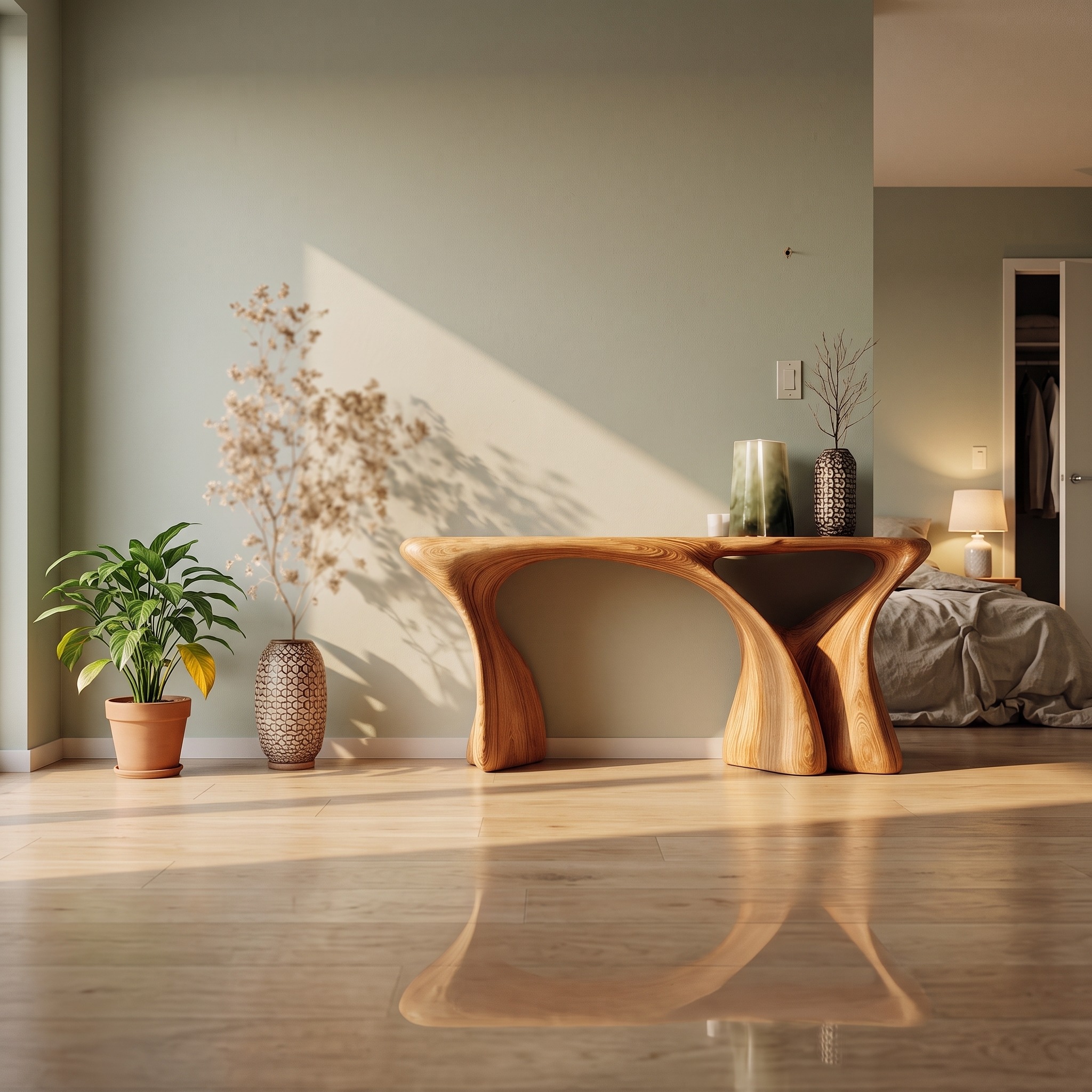 Modern Organic Console Table, Solid Wood Curved Sculptural Foyer Table for Entryway, Hallway Accent
