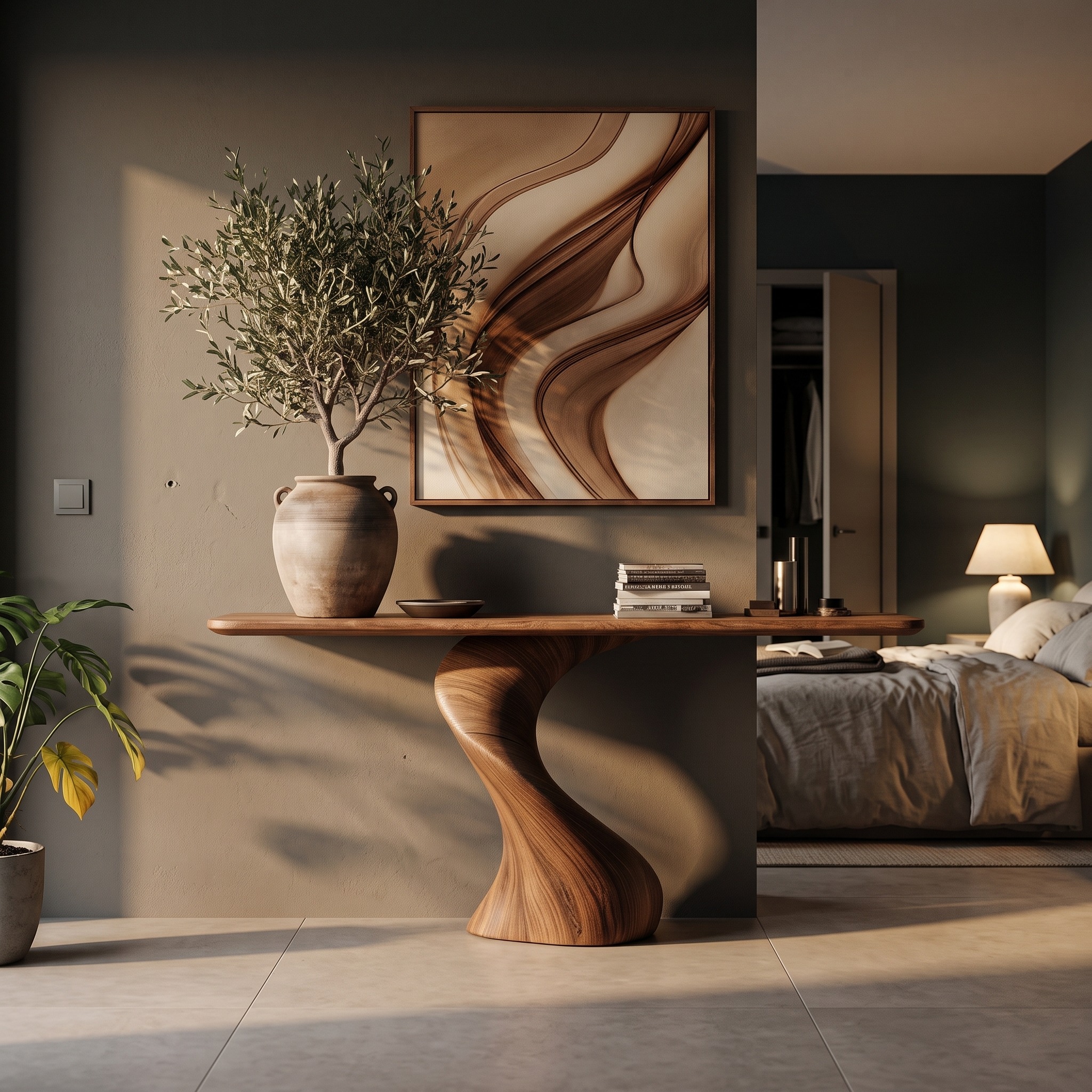 Modern Organic Console Table with Sculptural Twisted Solid Wood Base, Entryway Hallway Sofa Accent Table