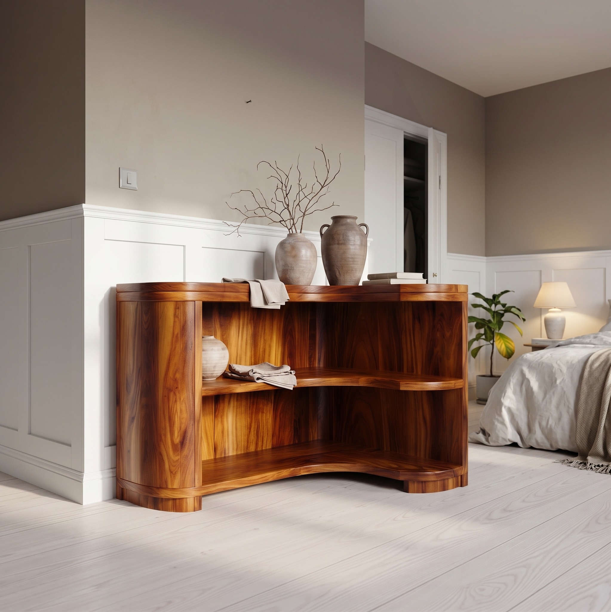 Modern Organic Corner Bookshelf, Curved Solid Wood Open Storage Shelves for Bedroom & Living Room