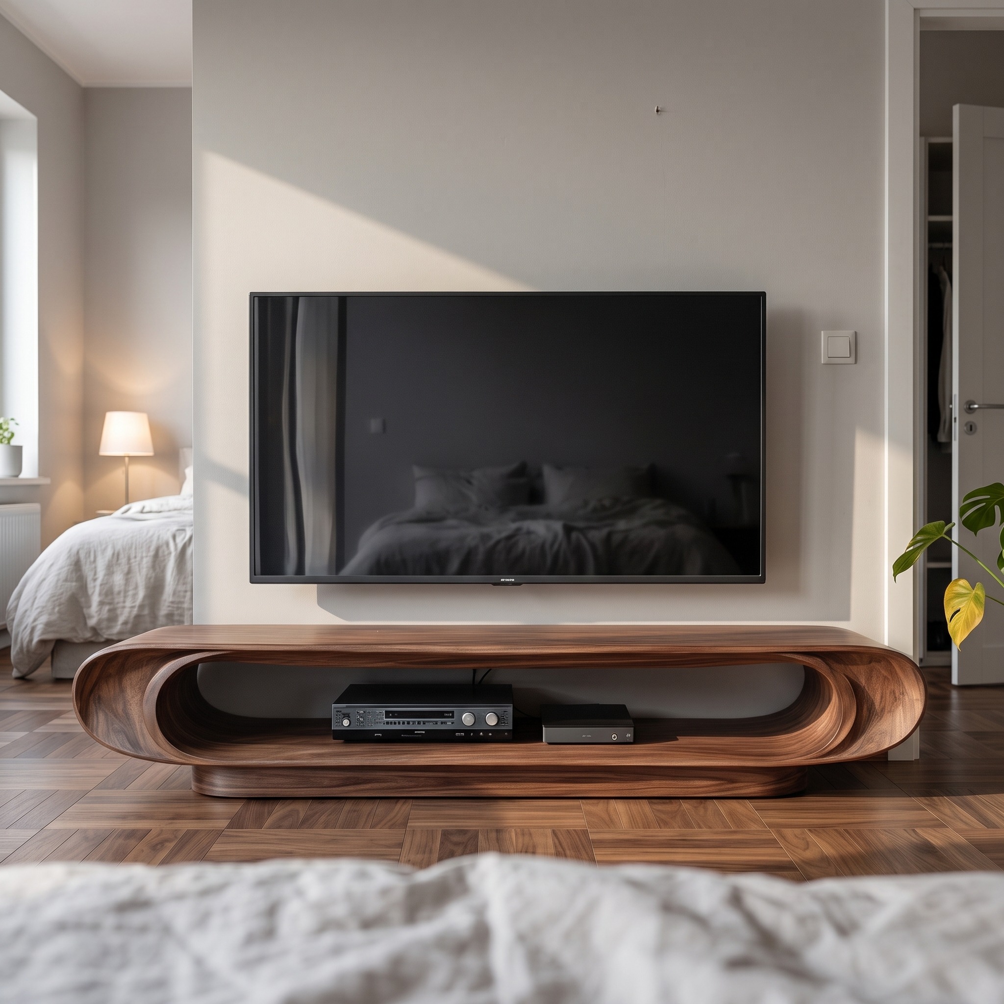 Modern Organic Curved TV Stand, Solid Wood Entertainment Unit Media Console for Living Room