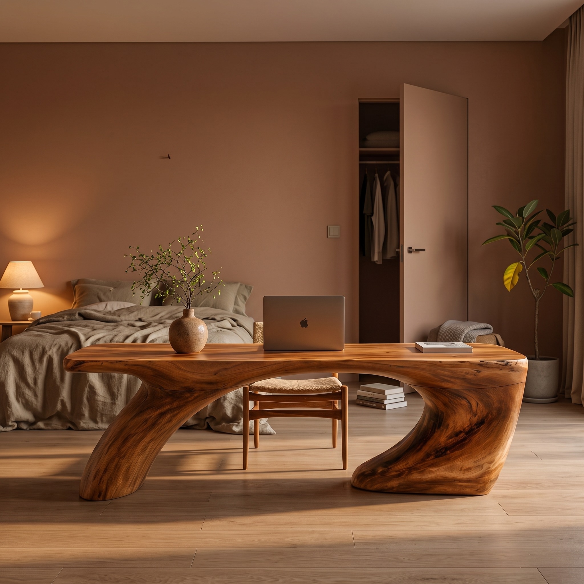Modern Organic Desk, Sculptural Curved Solid Wood Base & Writing Table for Home Office Workspace