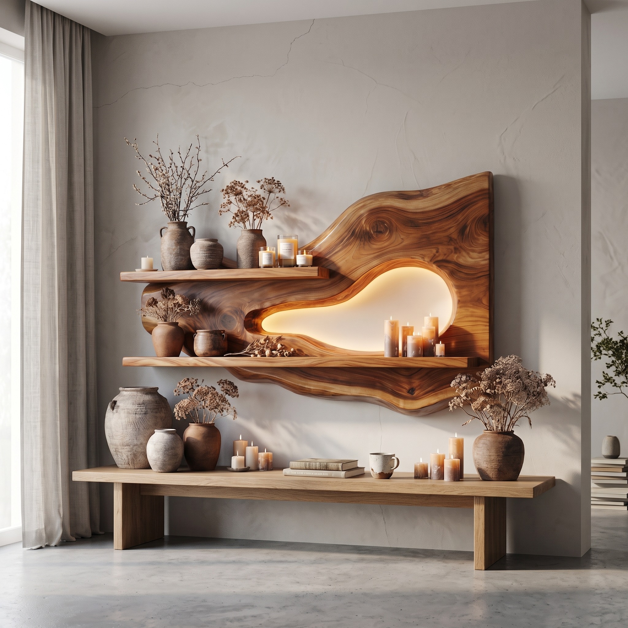 Modern Organic Floating Wall Shelf, Solid Wood Natural Edge Ledge for Entryway, Living Room Decorative Display
