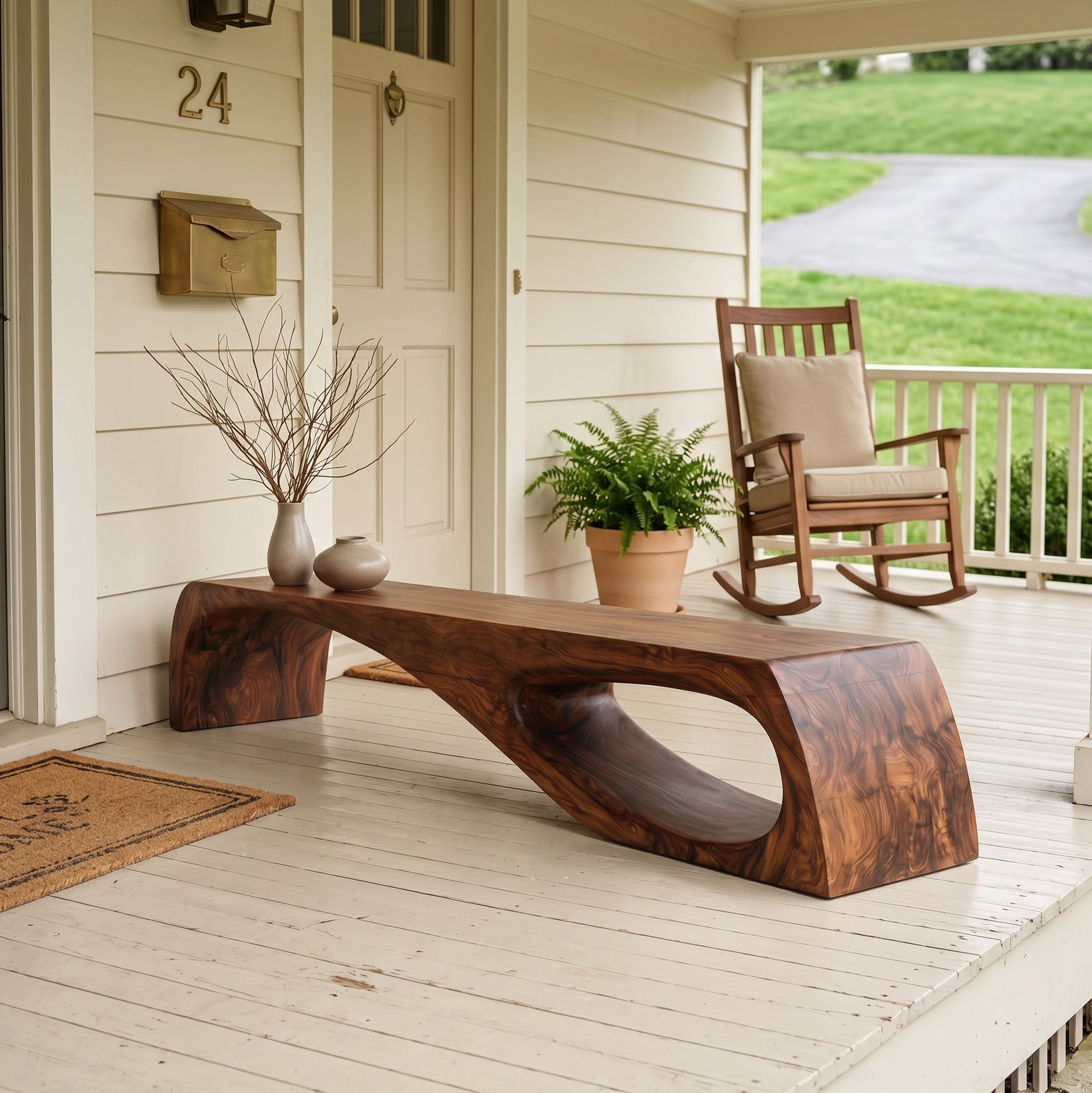 Modern Organic Garden Bench, Outdoor Solid Wood Bench for Patio, Backyard, Porch, Handcrafted Rustic Lawn Seating