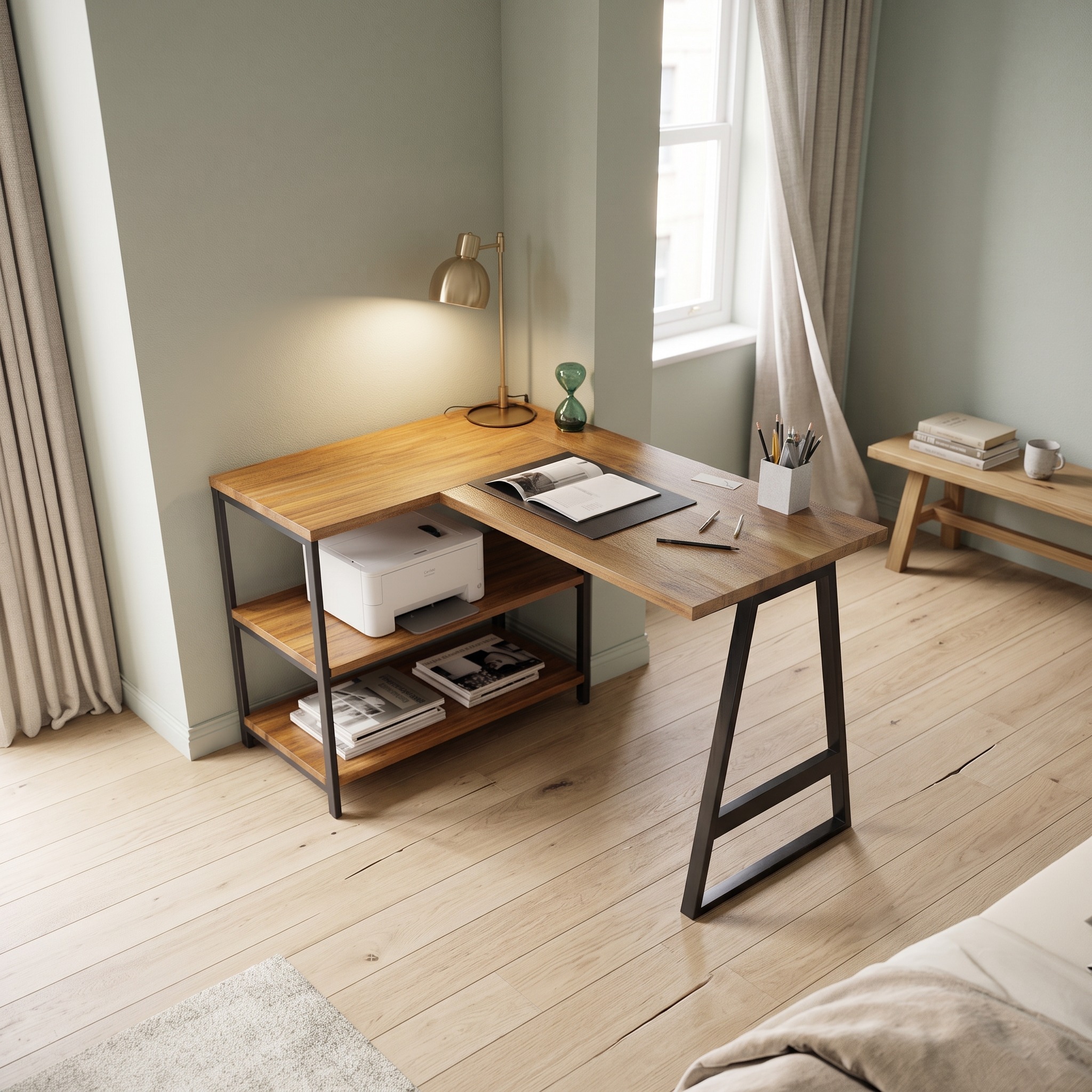 Modern Organic Line Corner Office Desk, L-Shaped Solid Wood Computer Writing Table for Bedroom & Study Workroom