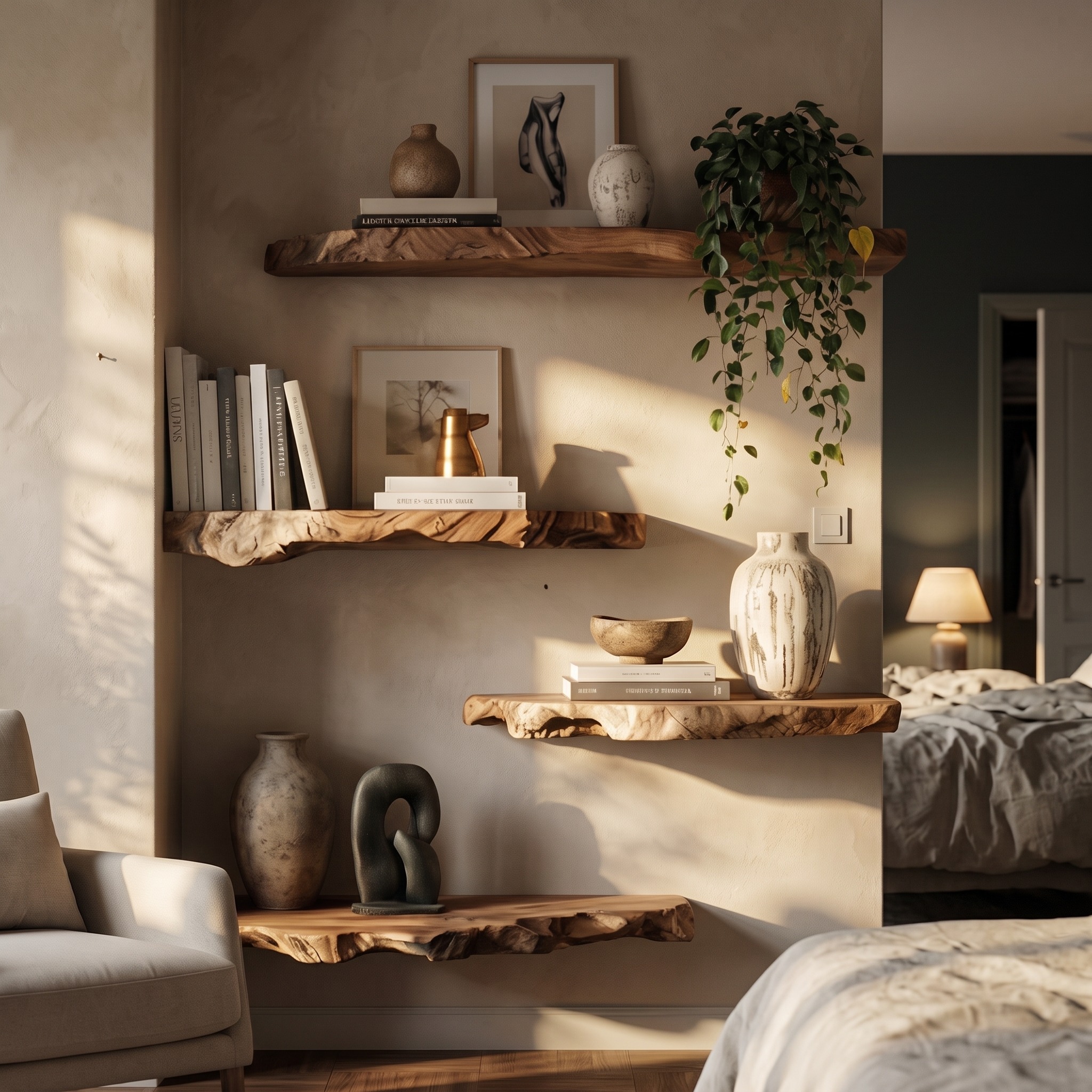 Modern Organic Live Edge Floating Wall Shelves Natural Wood Accent Display