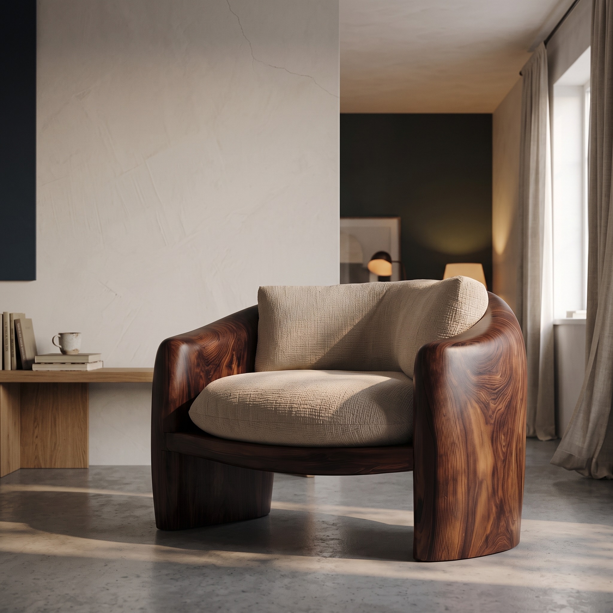 Modern Organic Lounge Chair, Sculptural Form Handcrafted Wood Accent Armchair for Living Room or Bedroom