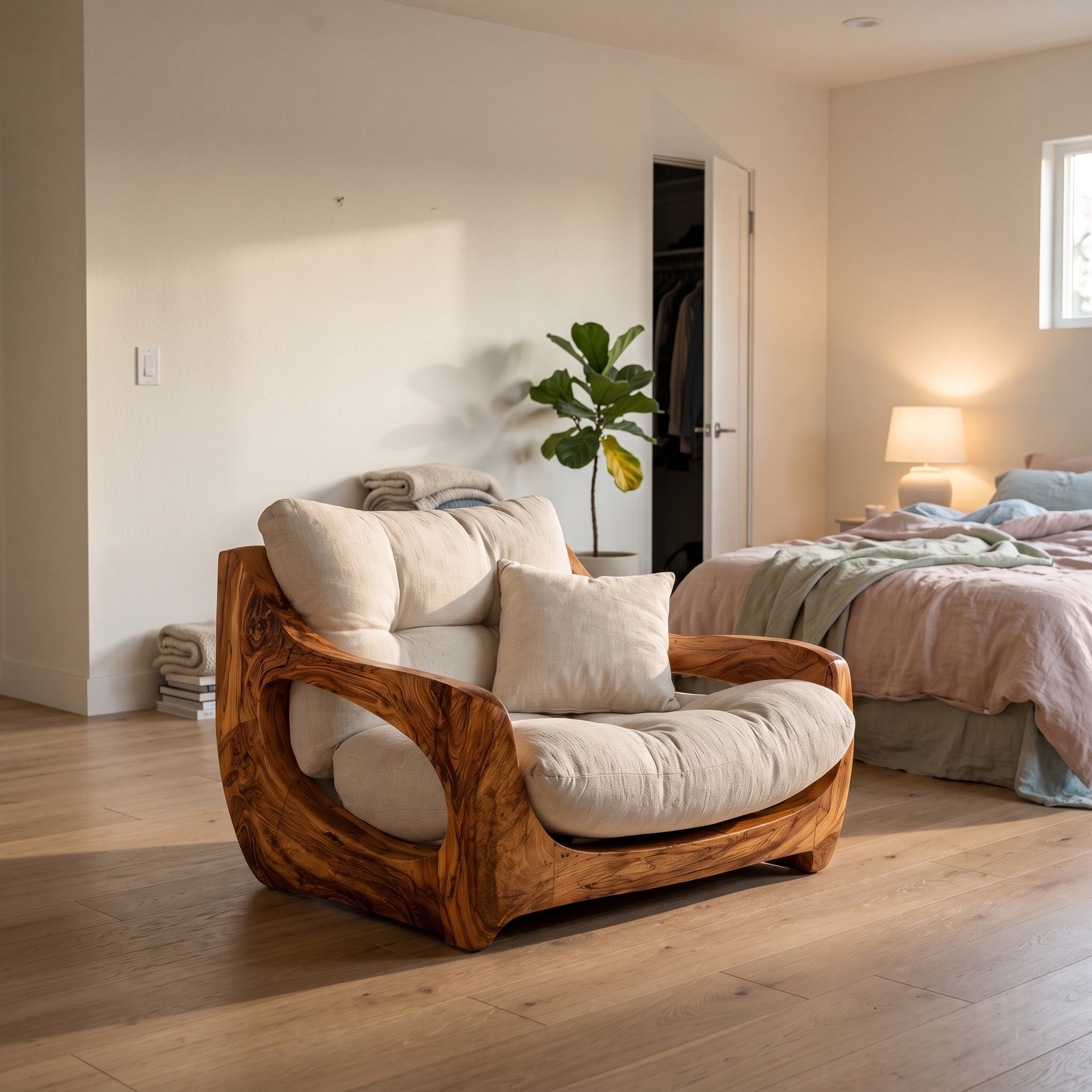 Modern Organic Lounge Chair with Carved Wood Form, Handcrafted Sculptural Accent Seating for Living Room