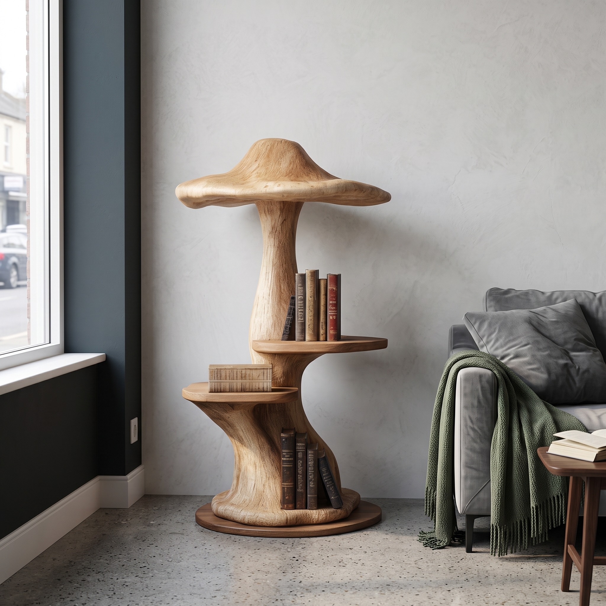 Modern Organic Mushroom Wall Shelf, Handcrafted Floating Wood Display Shelf for Living Room, Bedroom & Nursery Decor