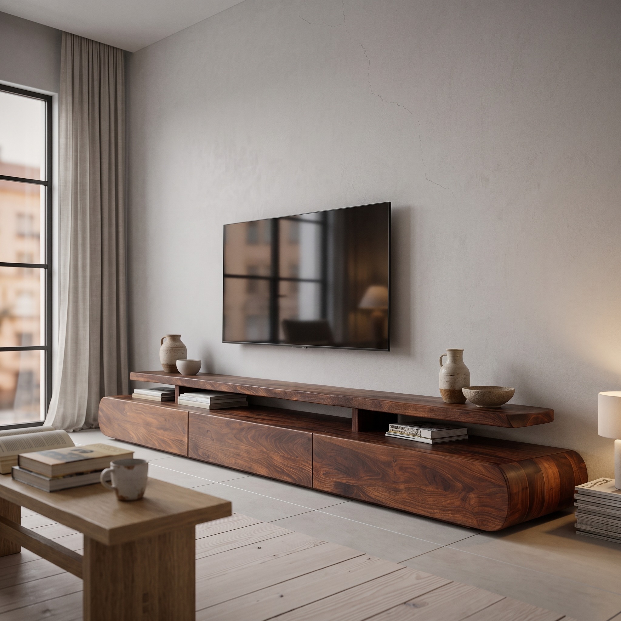 Modern Organic Natural Wood TV Stand, Eco-Friendly Timber Media Console Credenza for Living Room Furniture