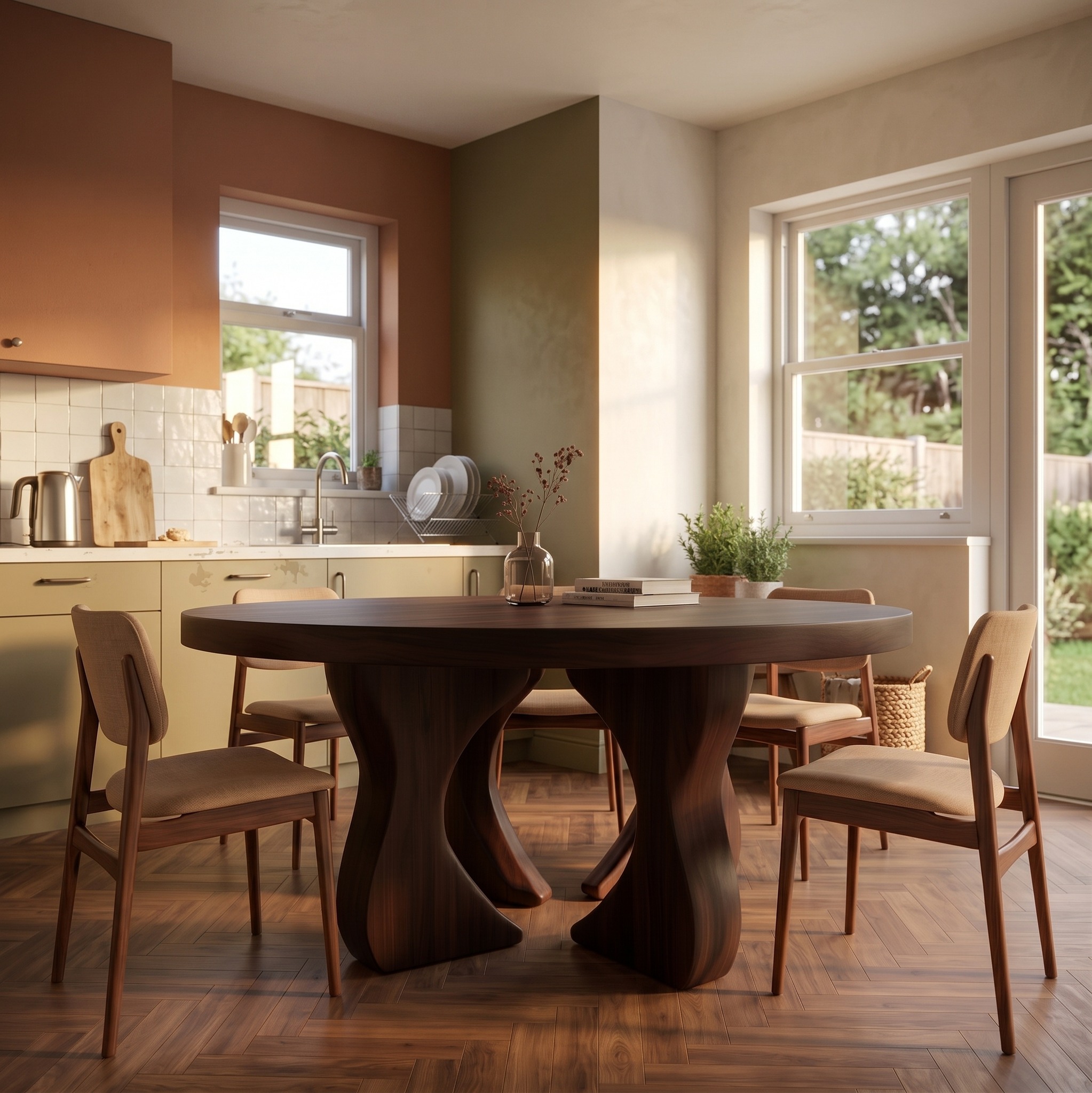 Modern Organic Round Dining Table, Handcrafted Solid Wood Pedestal Kitchen Table for Dining Room