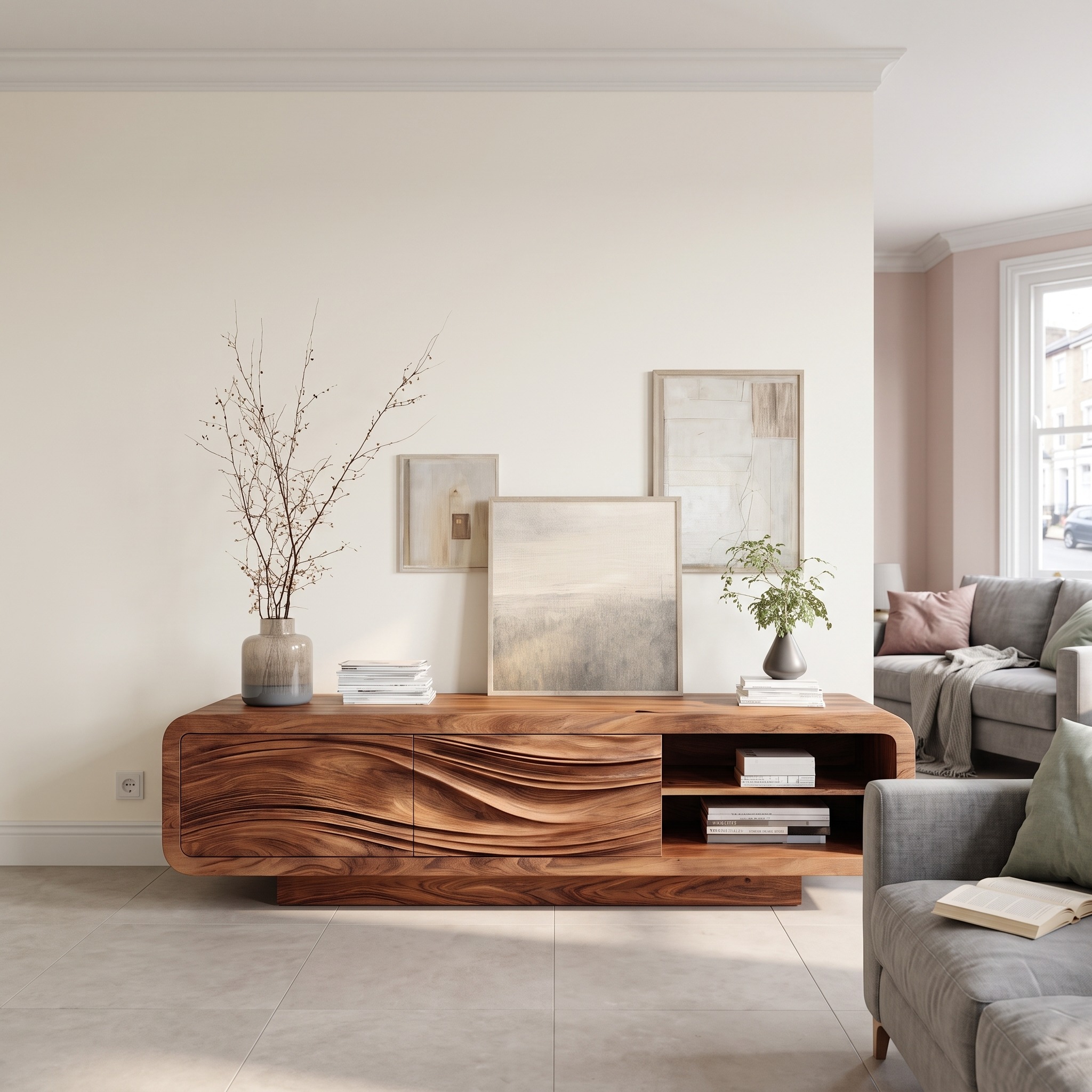 Modern Organic Sculpted Sideboard, Handcrafted Solid Wood Credenza Cabinet & Buffet for Living Room Dining, Model