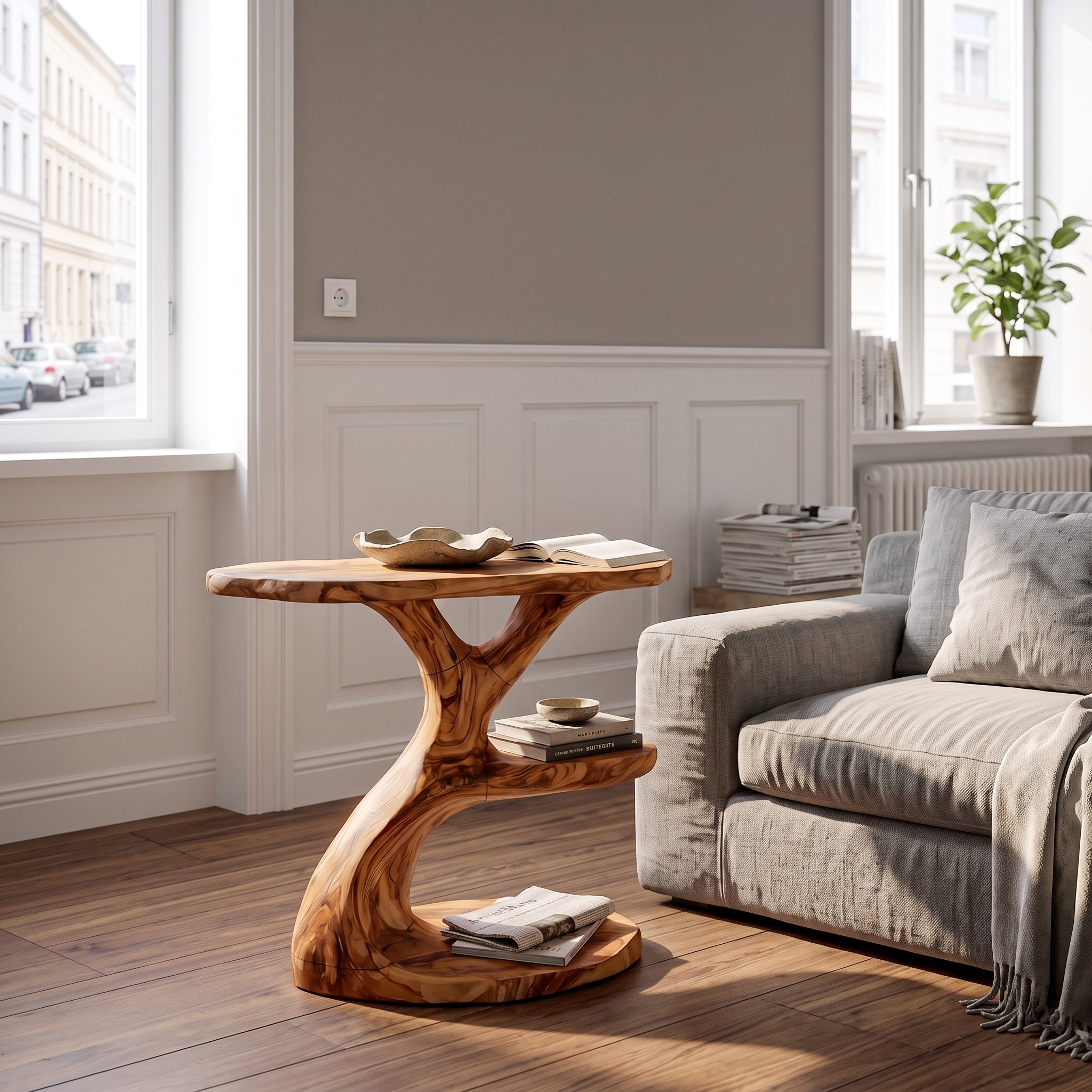 Modern Organic Side Table, Multi-Level Solid Wood End Table & Nightstand for Living Room & Bedroom