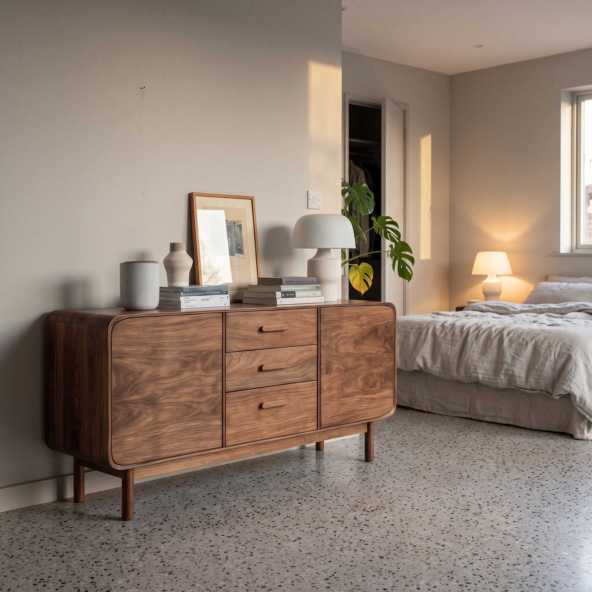 Modern Organic Sideboard with Center Drawers, Handcrafted Solid Wood Credenza Buffet Cabinet for Living Room, Model