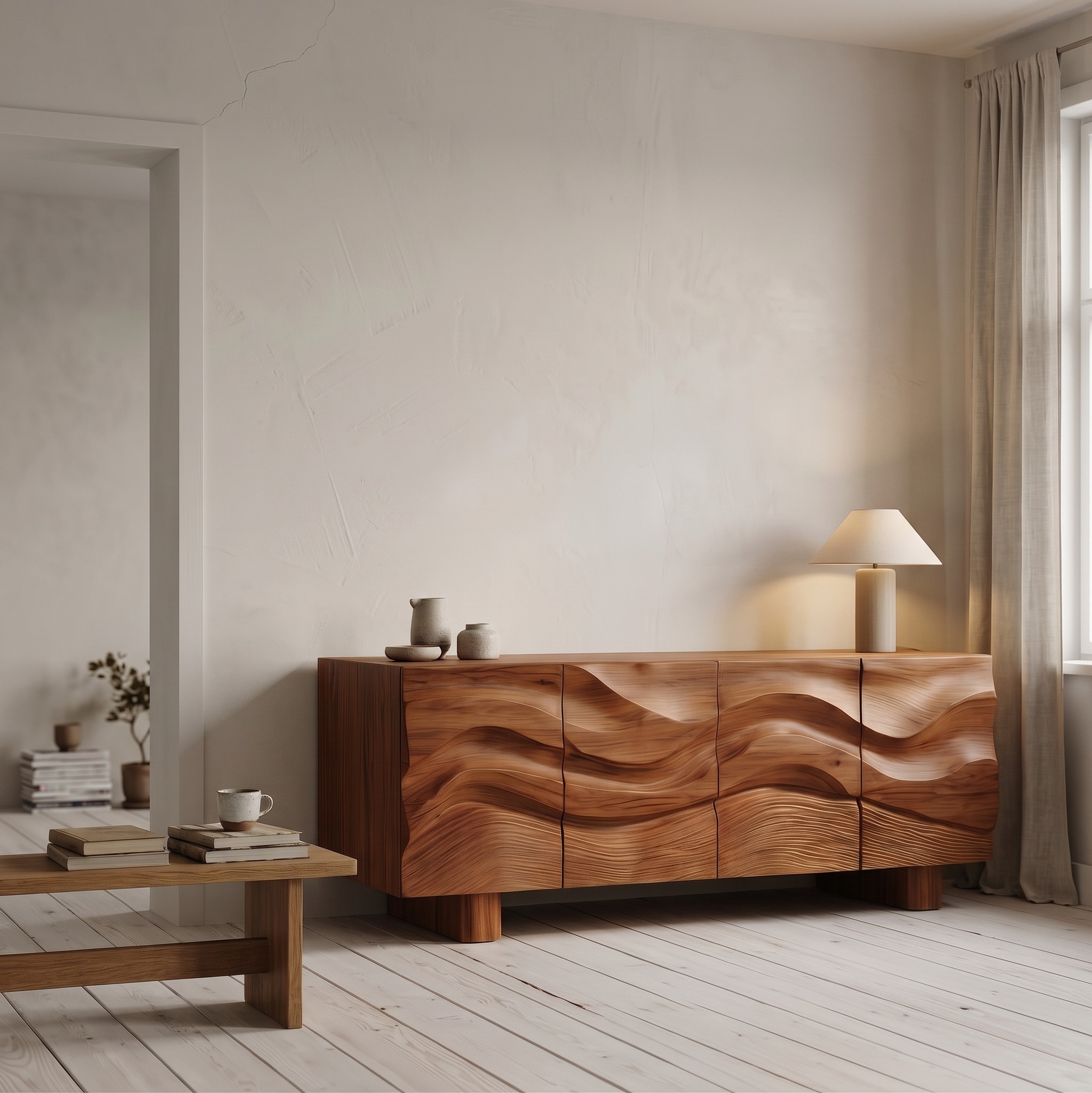 Modern Organic Sideboard with Wave Front Wood Doors & Shelves, Living Room Buffet Credenza Media Console