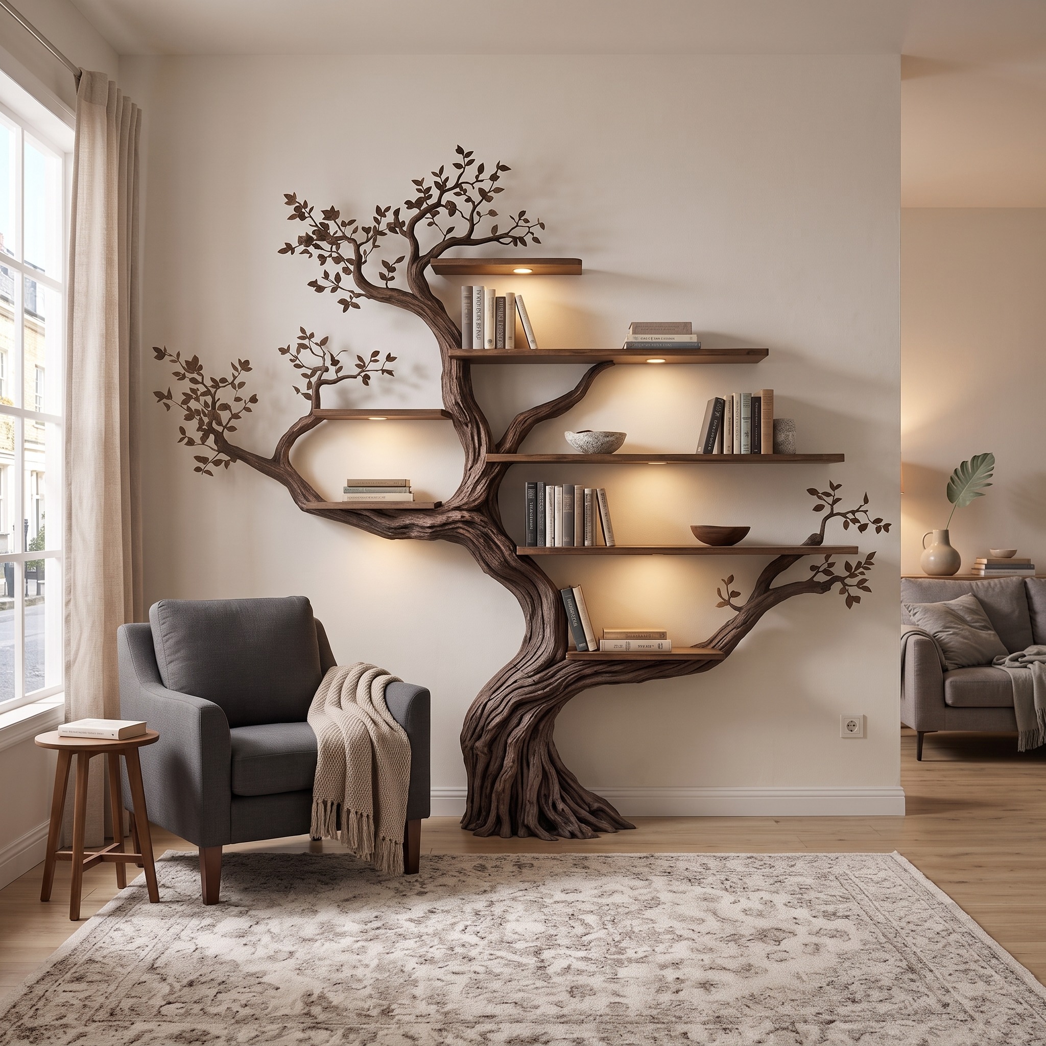 Modern Organic Tree Bookshelf, Flowing Sculptural Solid Wood Wall Mounted Floating Branch Bookcase for Living Room