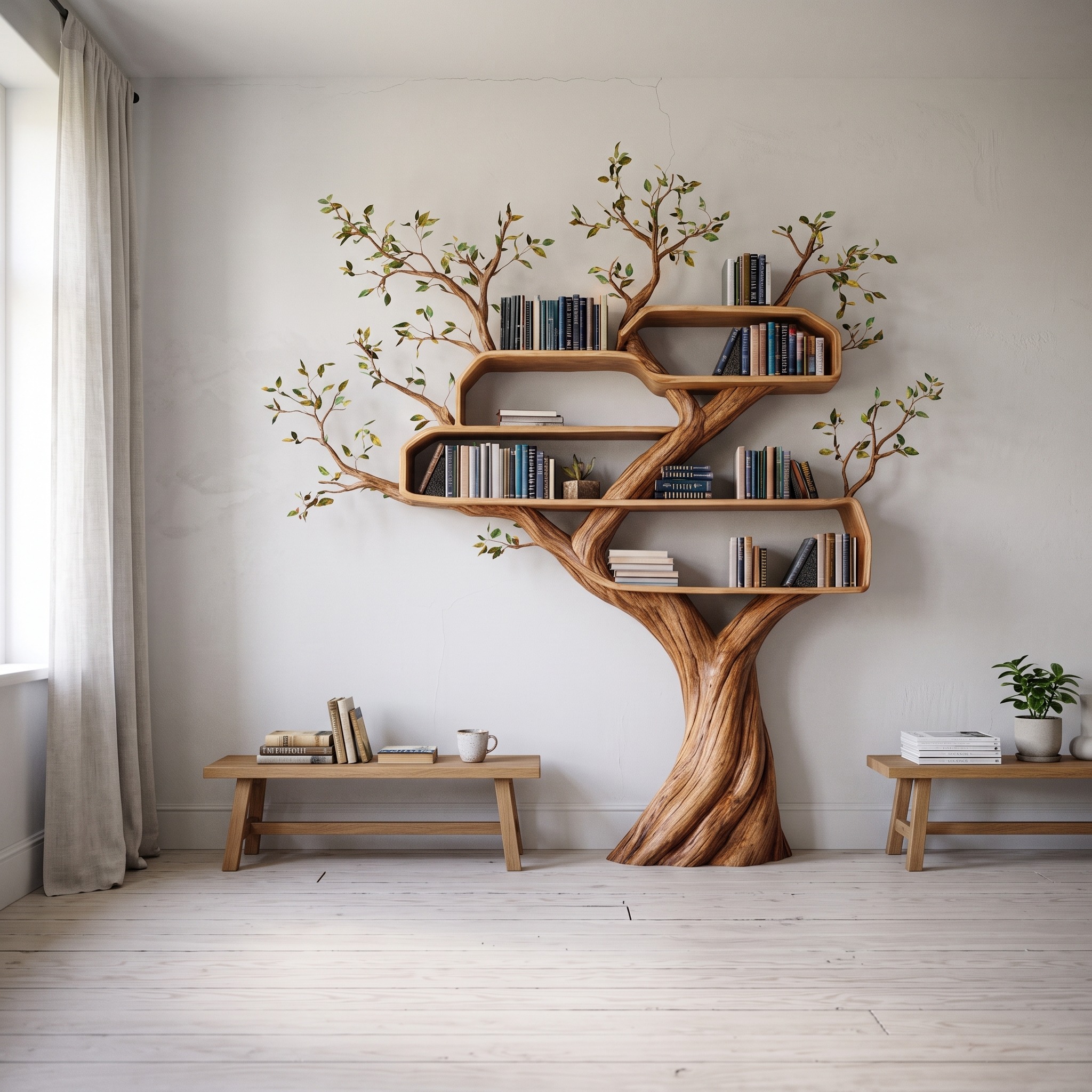 Modern Organic Tree Bookshelf, Handcrafted Solid Wood Contemporary Sculptural Floating Wall Bookcase Storage