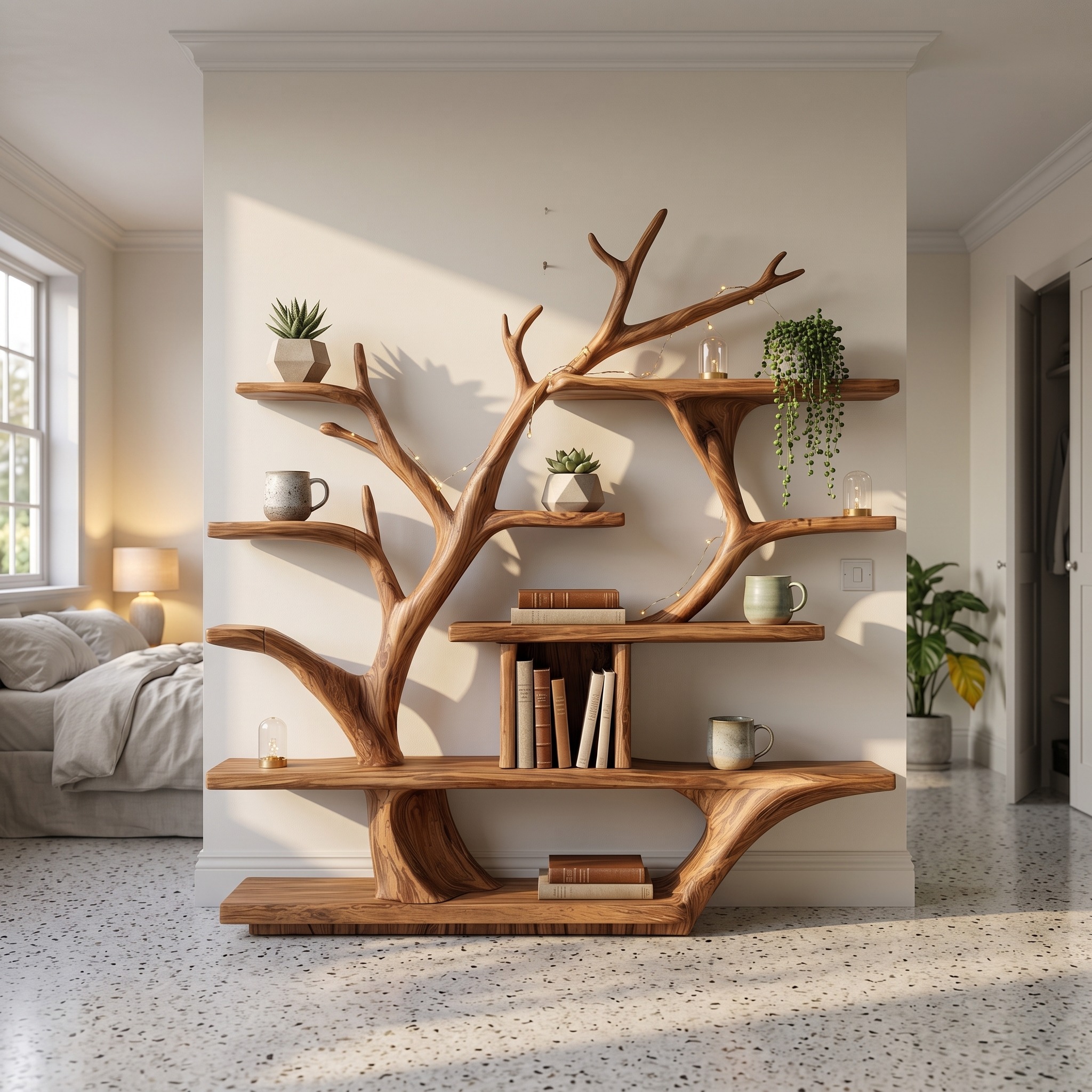 Modern Organic Tree Bookshelf, Solid Wood Branch Design Bookcase & Display Shelf for Living Room Decor