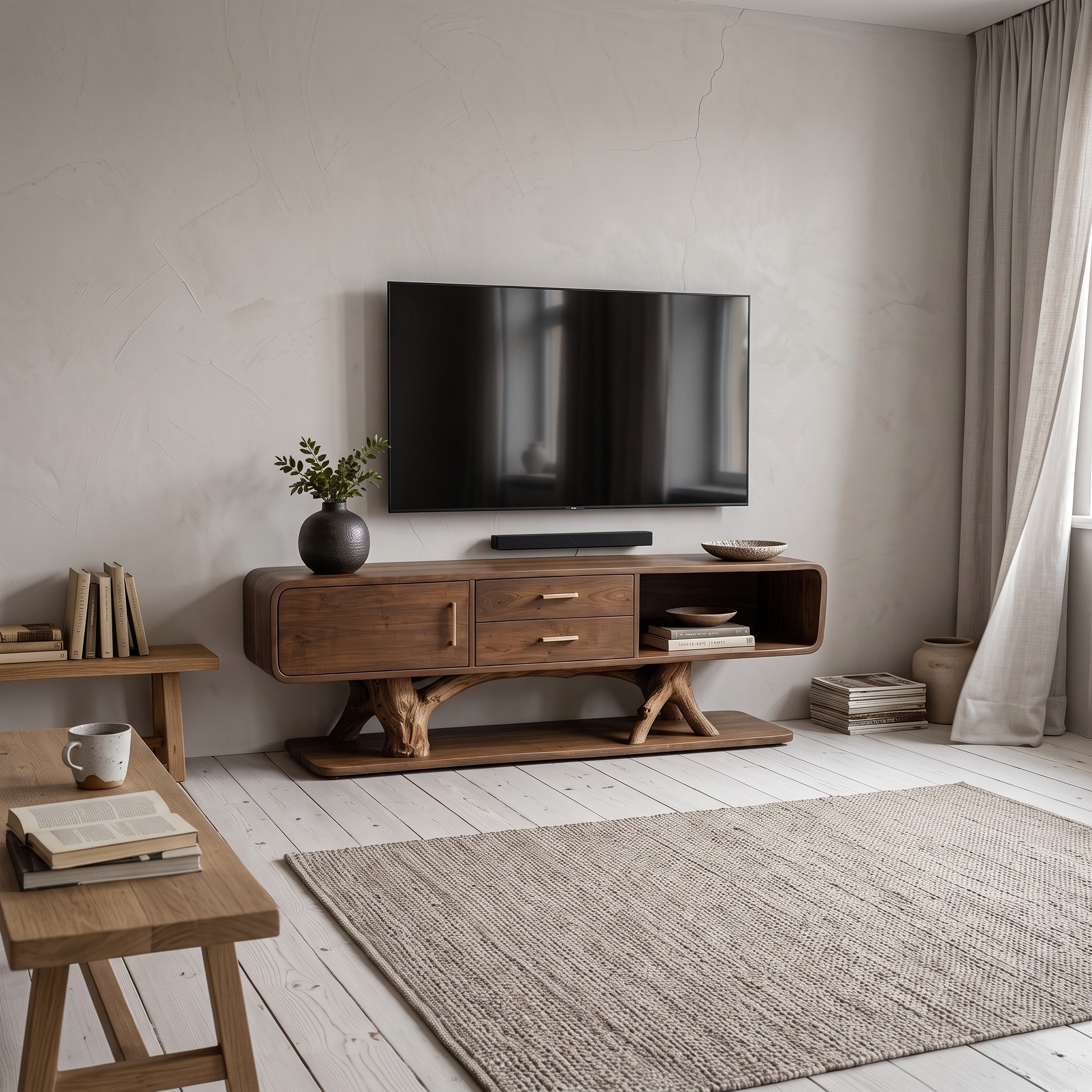 Modern Organic TV Cabinet with Storage Drawers, Solid Wood TV Stand & Media Entertainment Console for Living Room