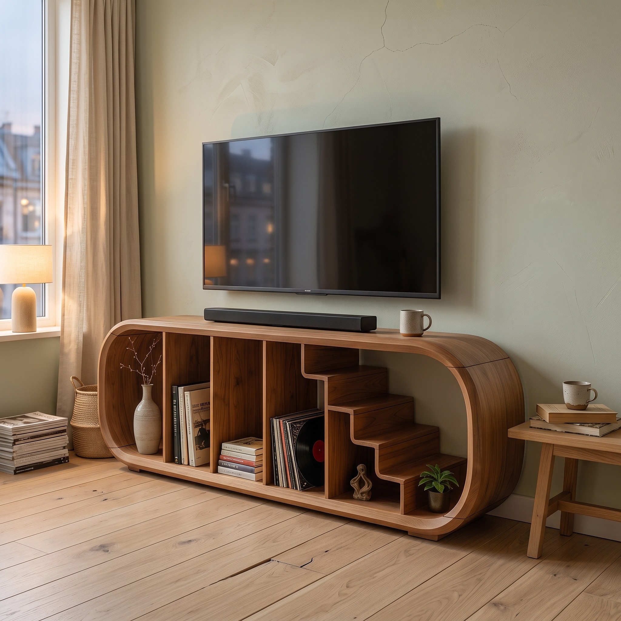 Modern Organic TV Console, Handcrafted Wooden Media Cabinet Credenza for Living Room