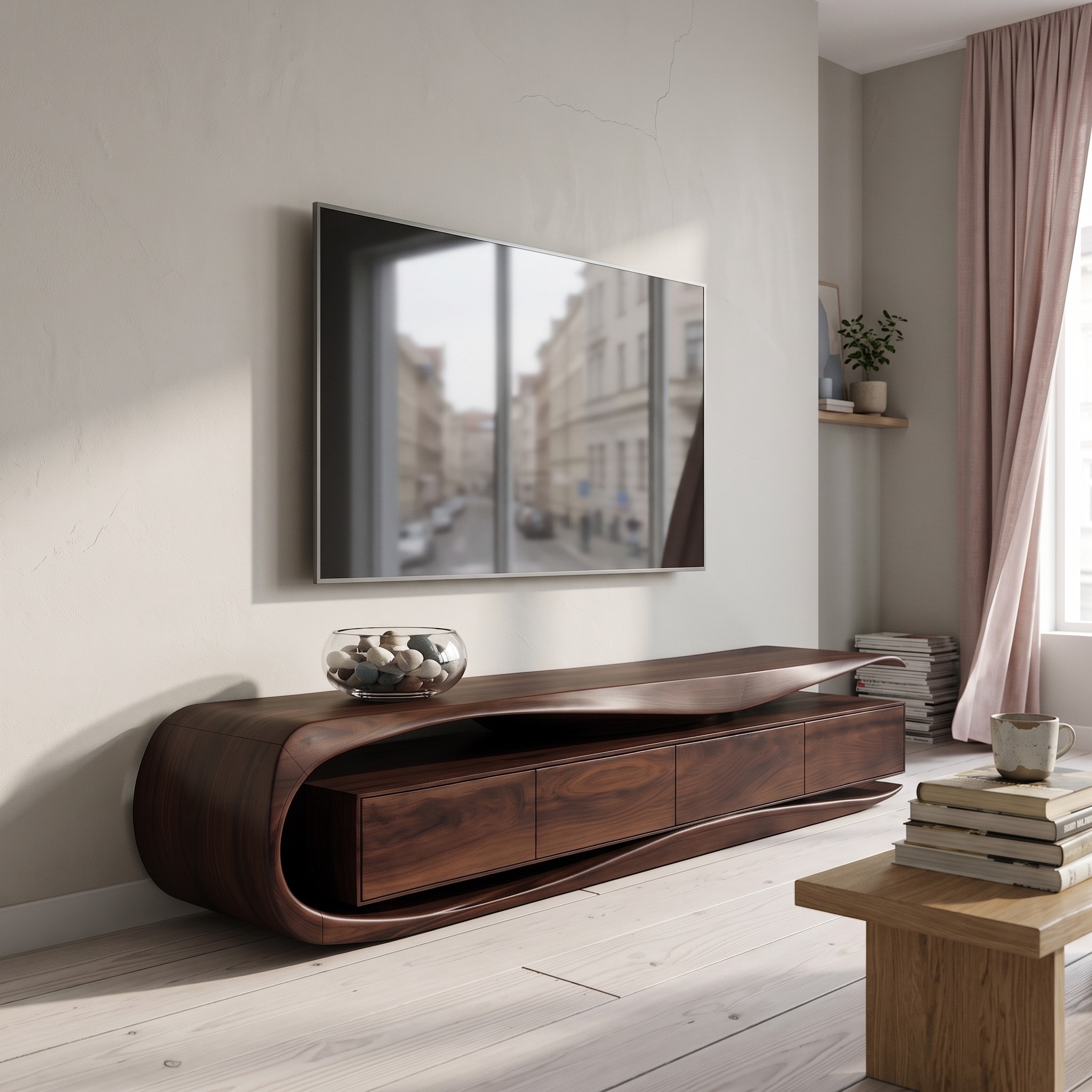 Modern Organic TV Console Table, Handcrafted Solid Wood Media Center Cabinet Sideboard Credenza for Living Room