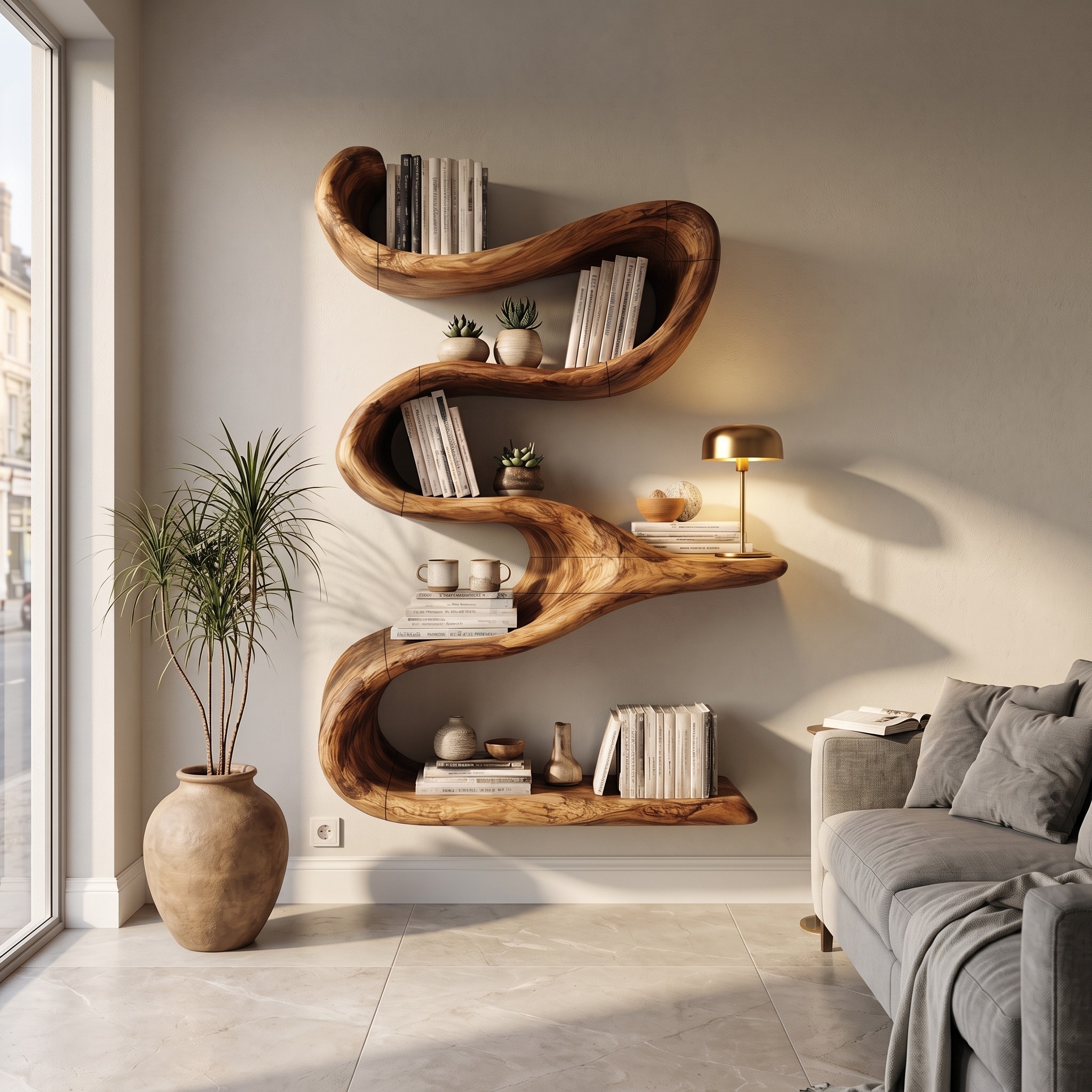 Modern Organic Wall Bookshelf, Solid Wood Flowing Multi-Tier Floating Display Shelf for Living Room Decor