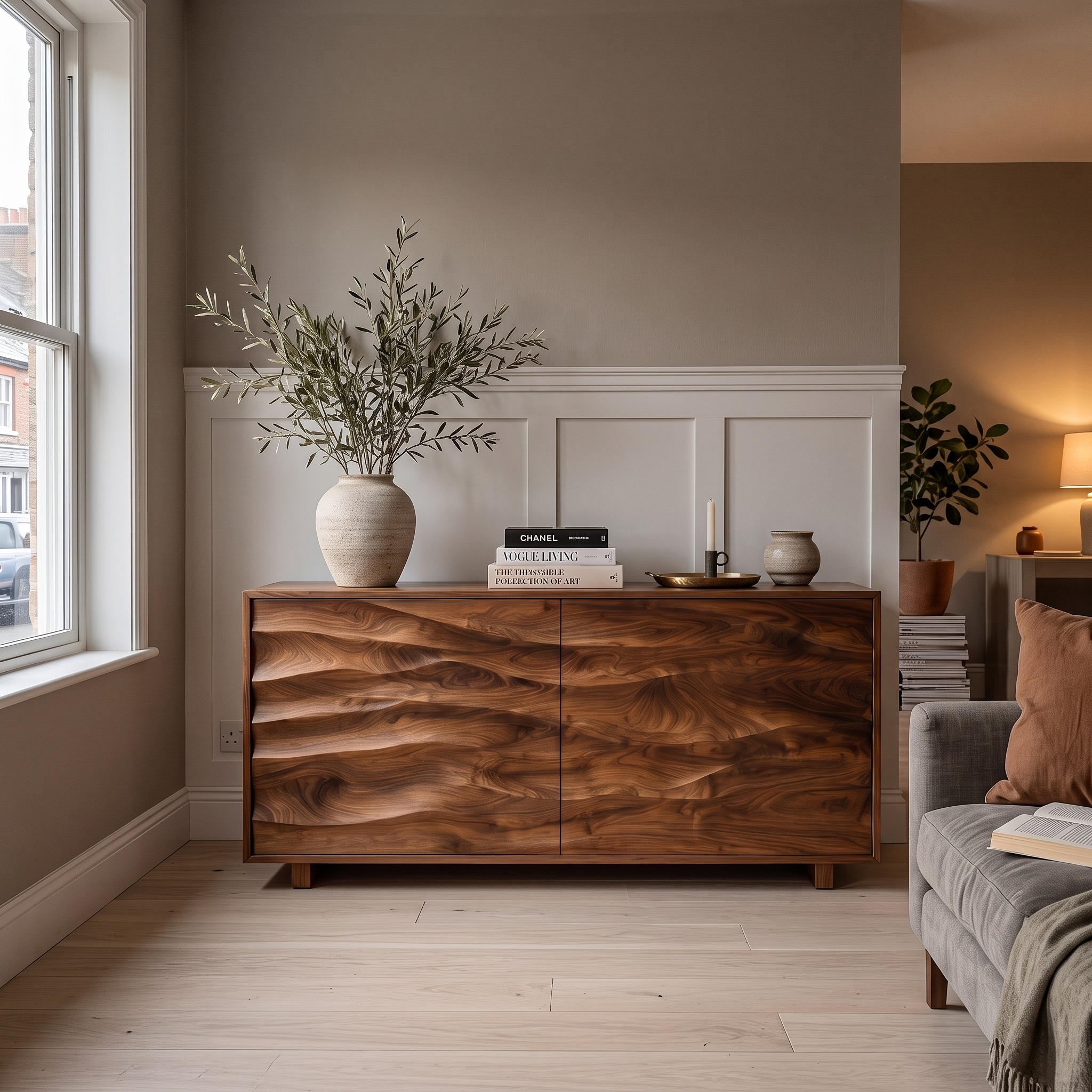 Modern Organic Wave Carved Sideboard, Solid Wood Buffet Credenza Storage Cabinet for Dining & Living Room