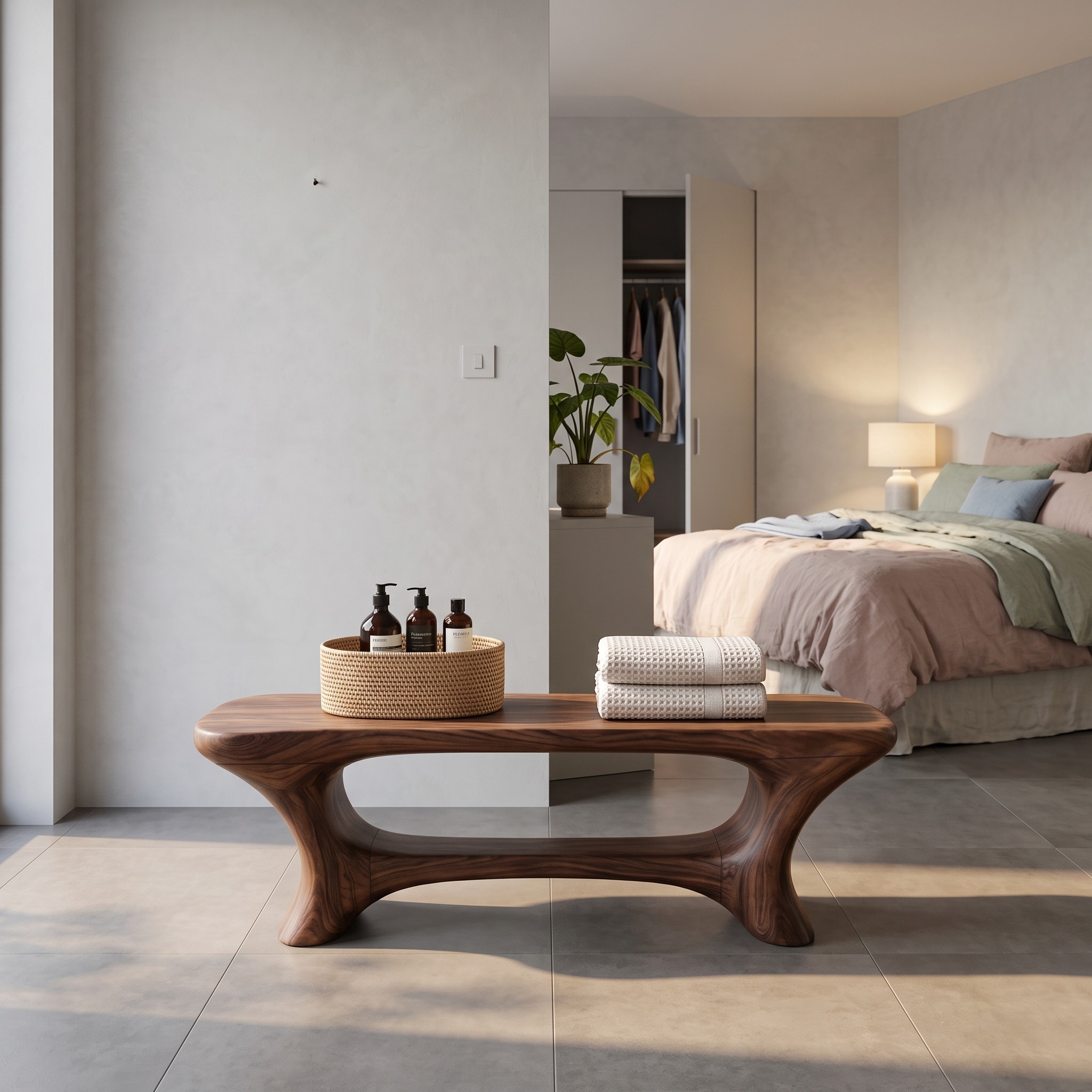 Modern Organic Wood Bathroom Seat with Center Shelf, Water-Resistant Shower Bench & Spa Stool Organizer