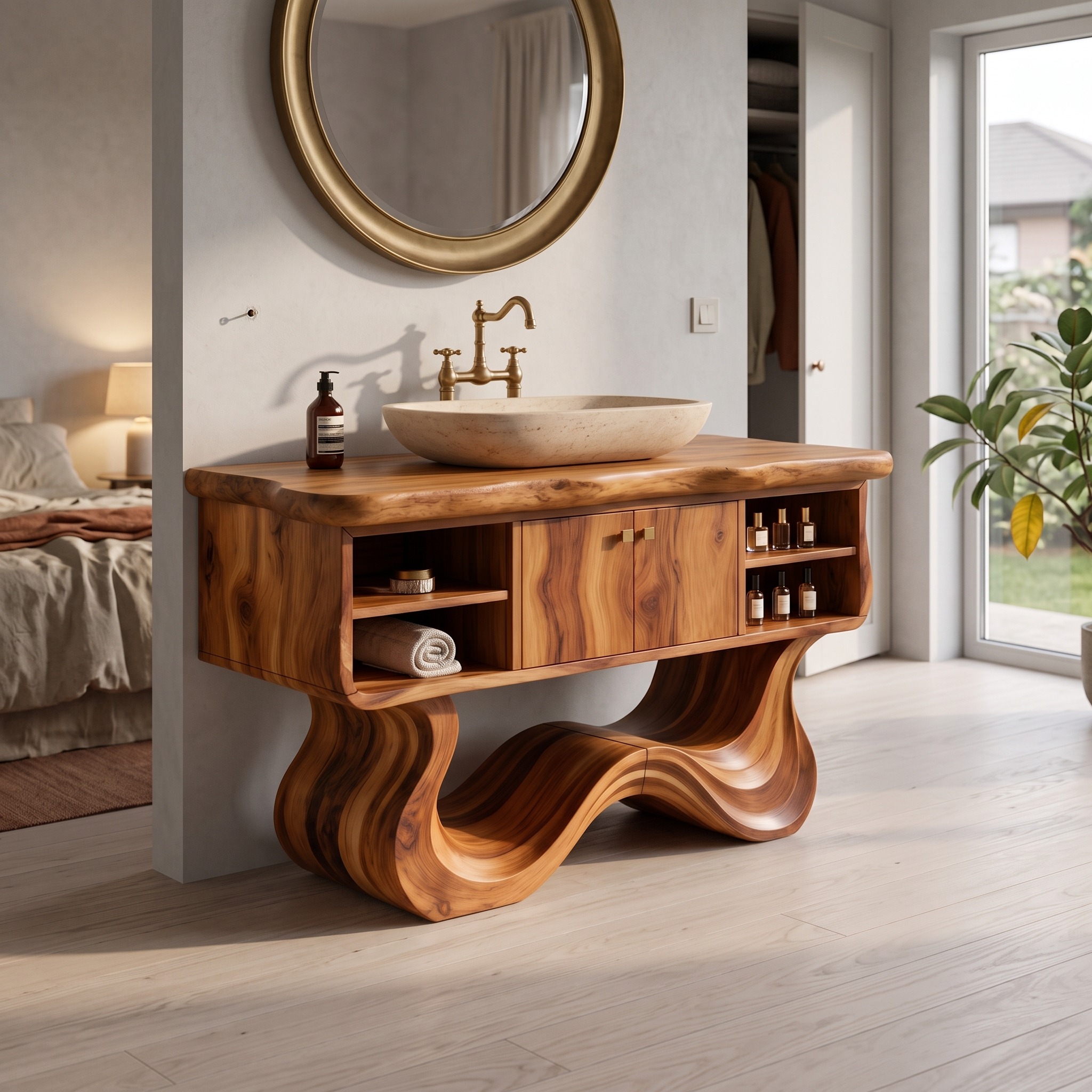 Modern Organic Wood Bathroom Vanity with Open Storage Shelf, Handcrafted Single Sink Console, Spa Washstand Decor