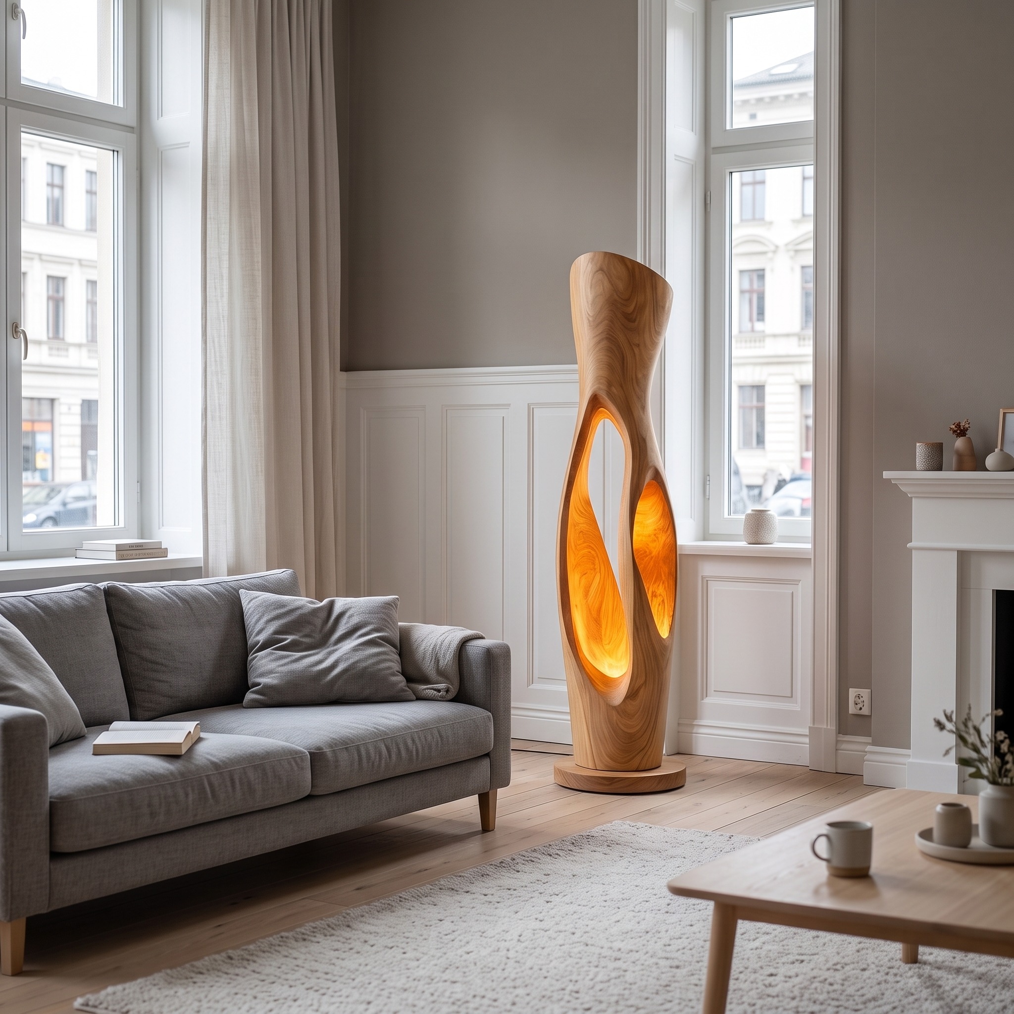 Modern Organic Wood Floor Lamp, Illuminated Hollow Trunk Design, LED Standing Light for Living Room and Bedroom
